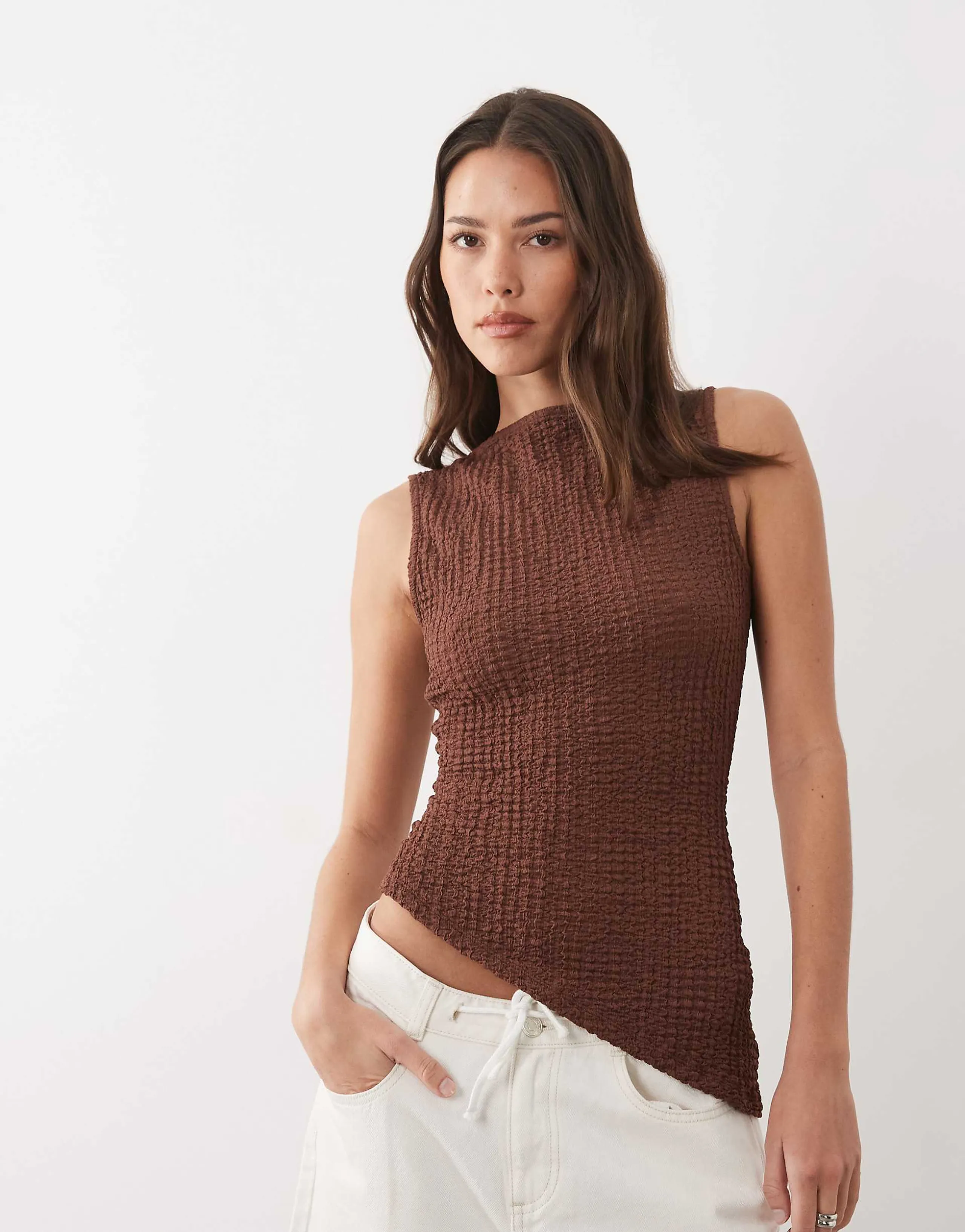 ASOS DESIGN textured open back top with tie detail in brown