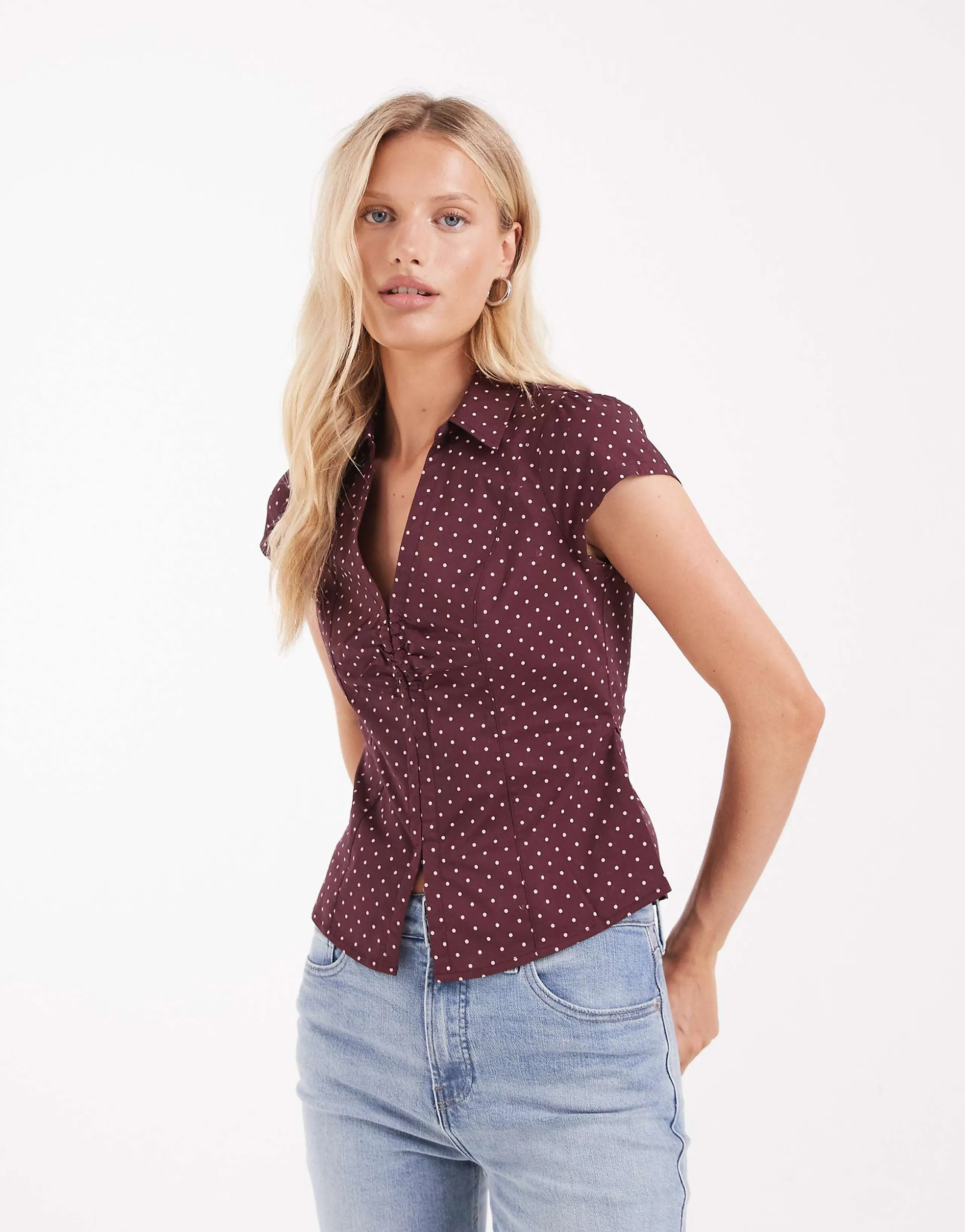 Hollister fitted short sleeve hook and eye shirt in berry polka dot print