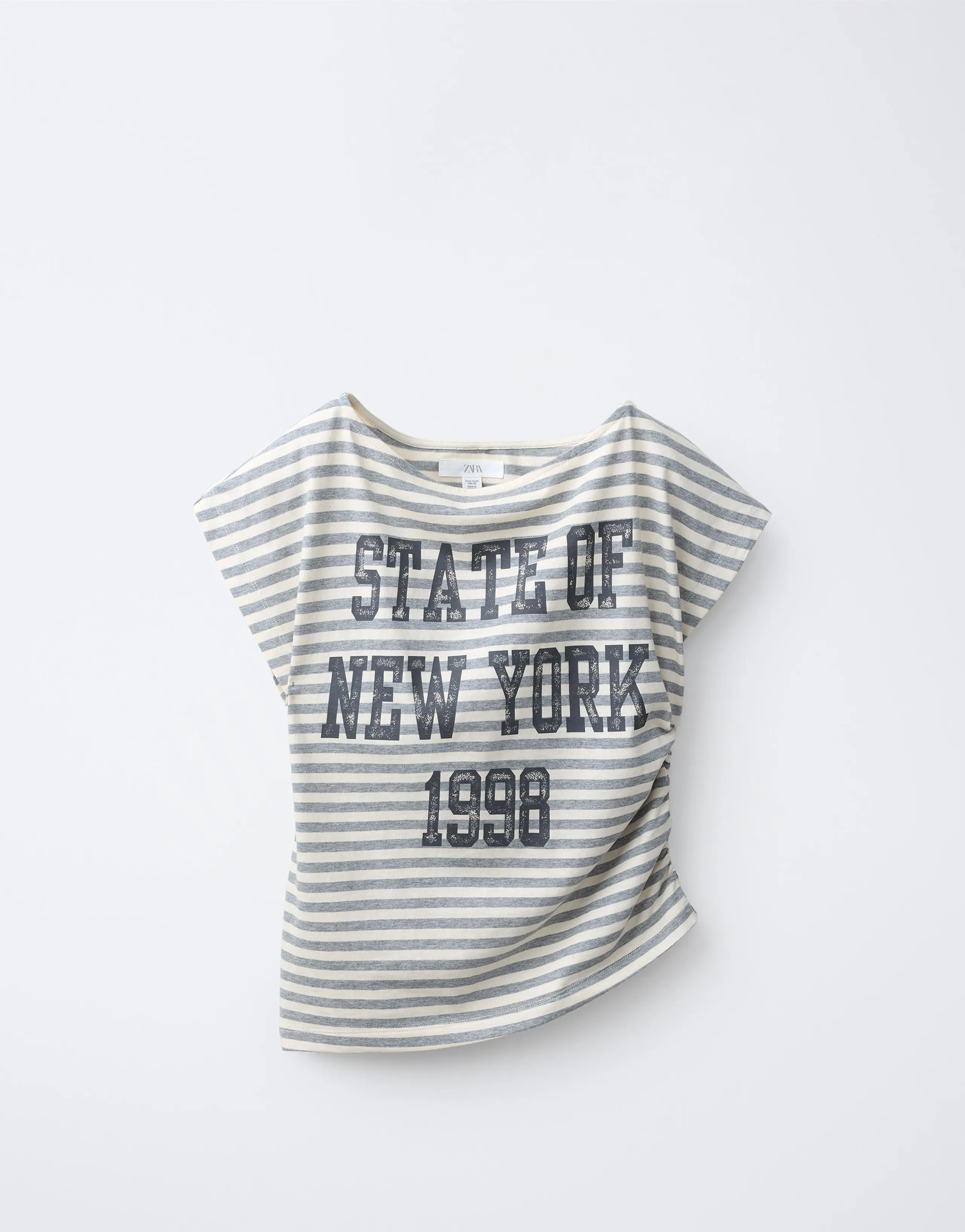 STRIPED T-SHIRT WITH GATHERING AND SLOGAN