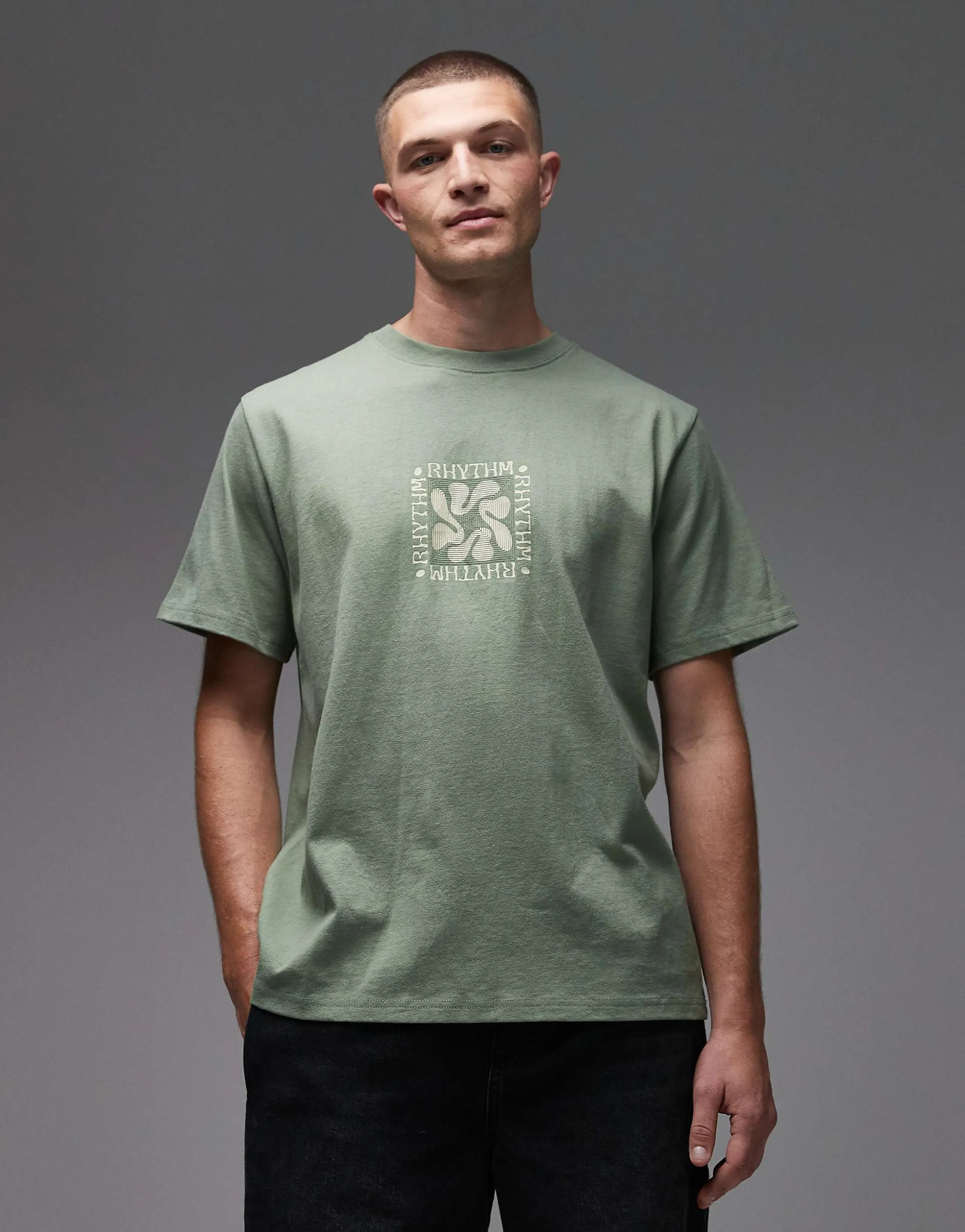 Rhythm T-shirt in vintage wash with front print in sage
