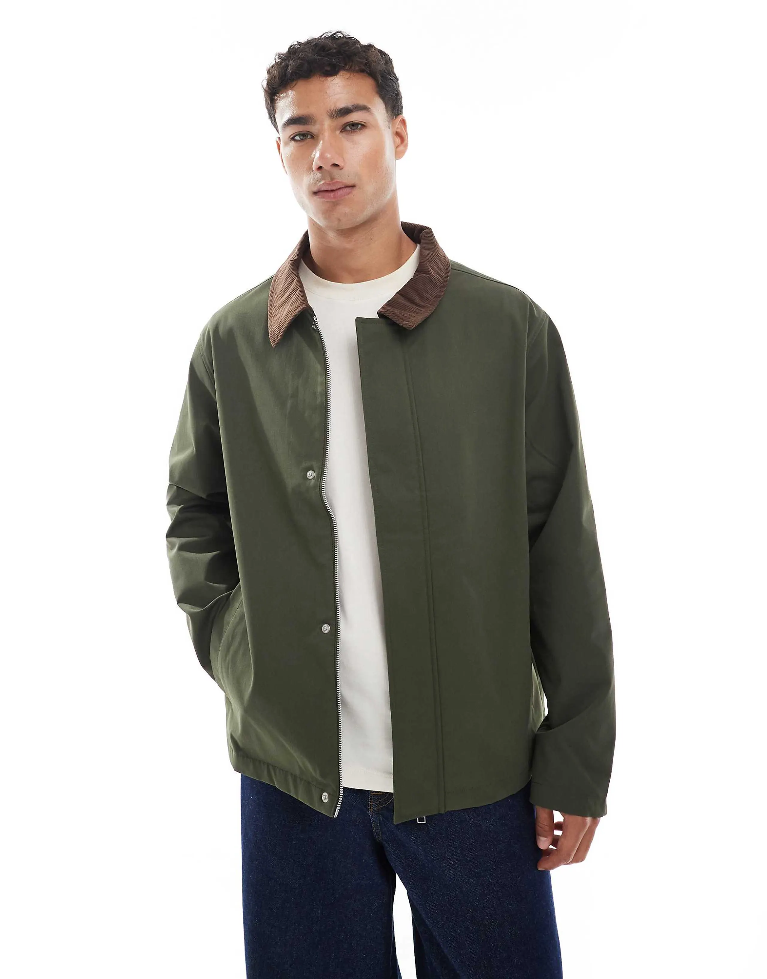 Jack & Jones harrington jacket with corduroy collar in khaki green