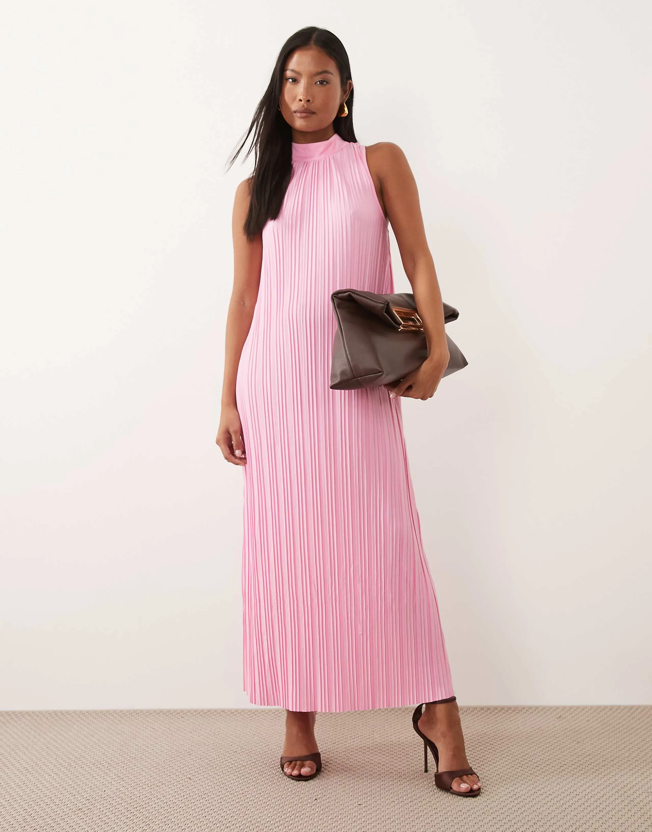 VILA Petite high neck plisse maxi dress in light pink