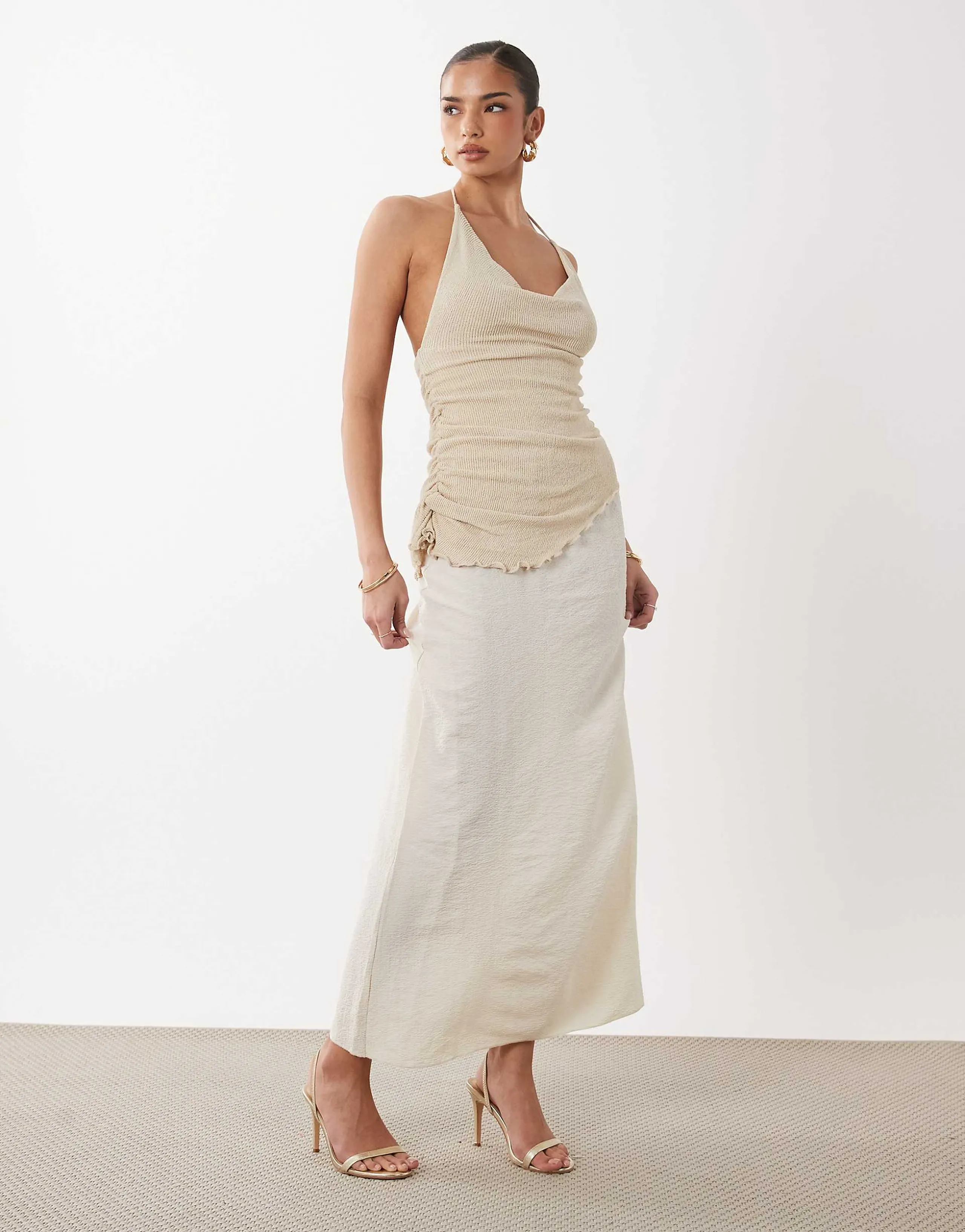 Gina Tricot halterneck asymmetric textured maxi dress with open back in almond milk beige