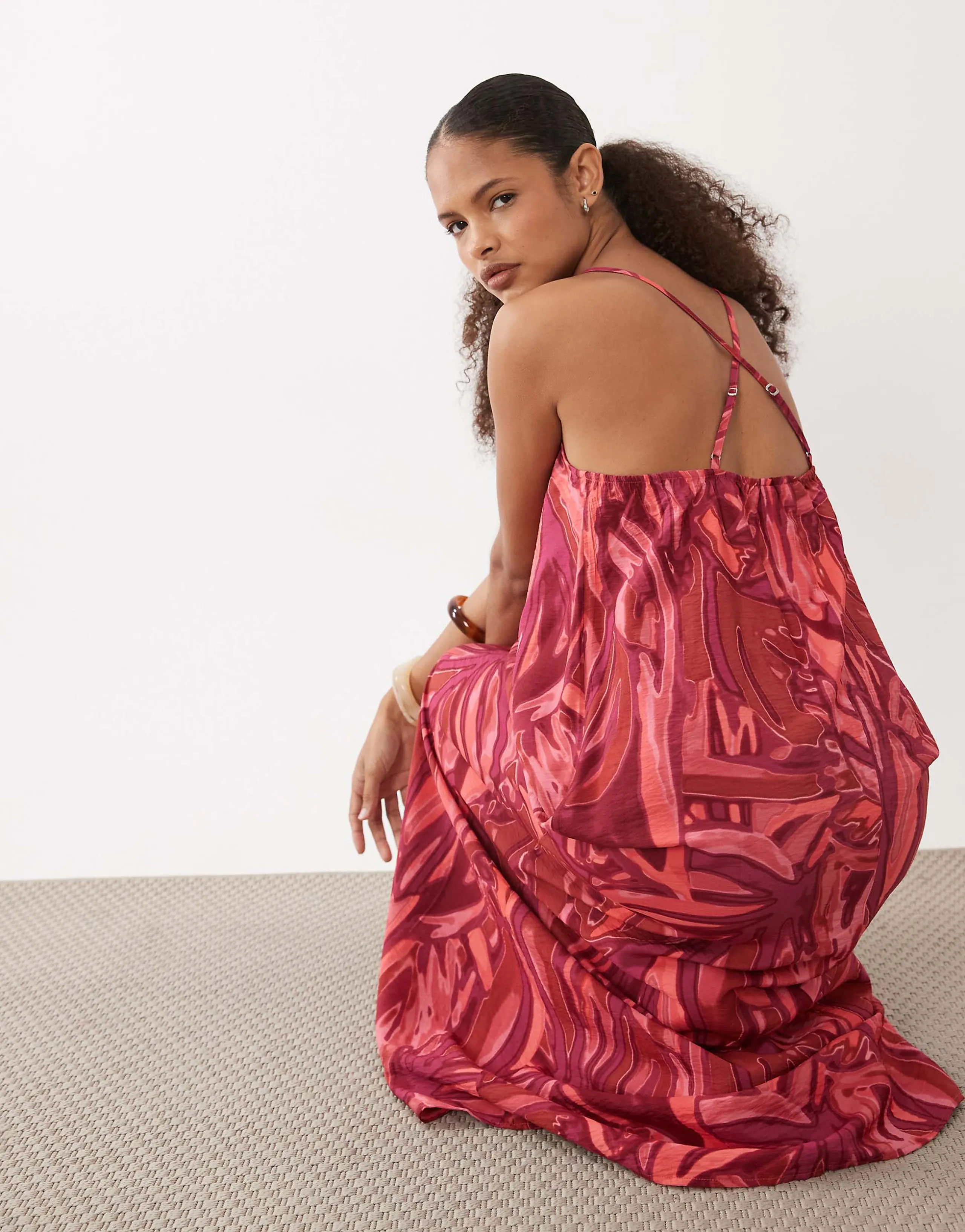 VILA cami maxi dress with crossed straps in red tropical print