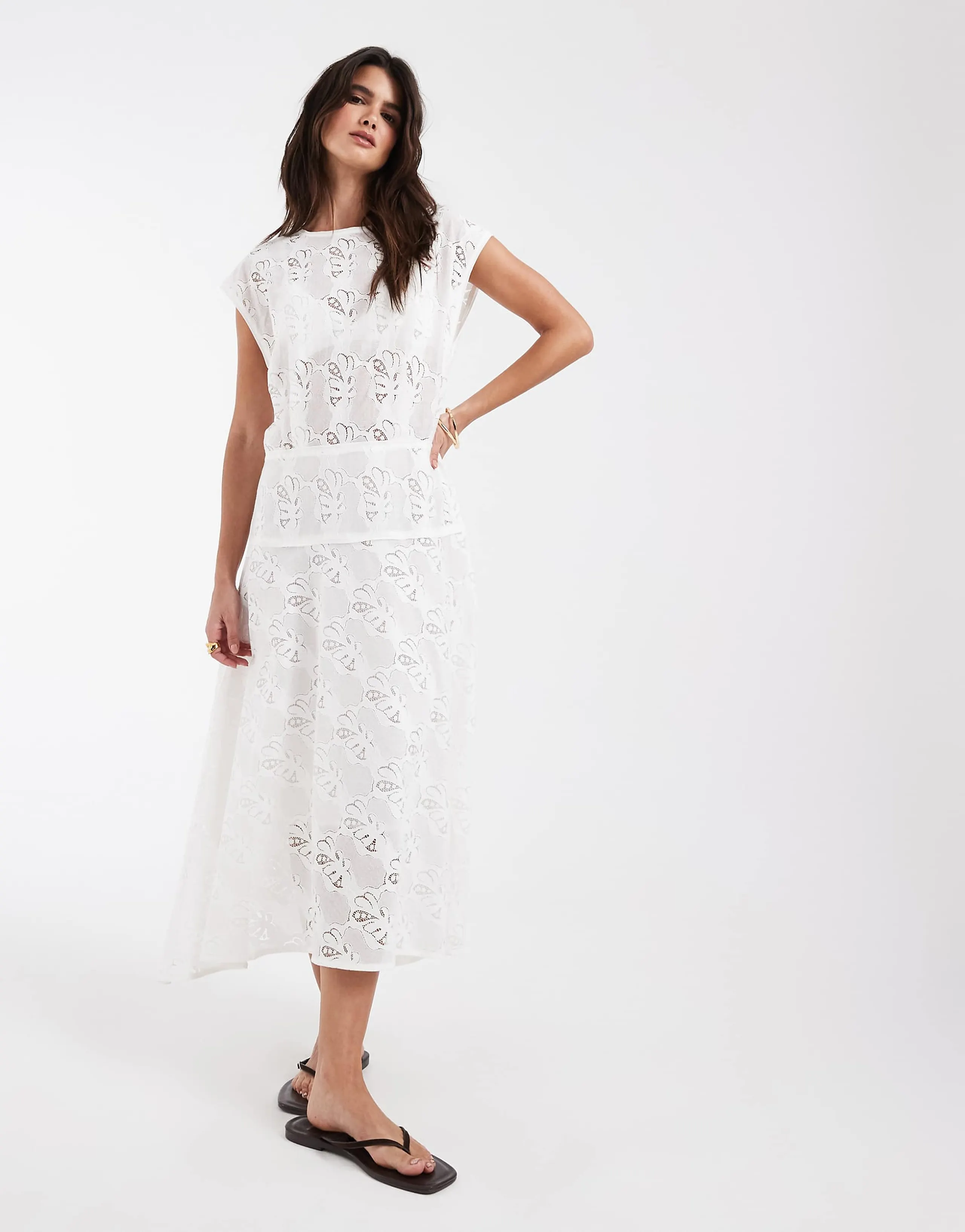 & Other Stories lace midi dress with A-line skirt in white 