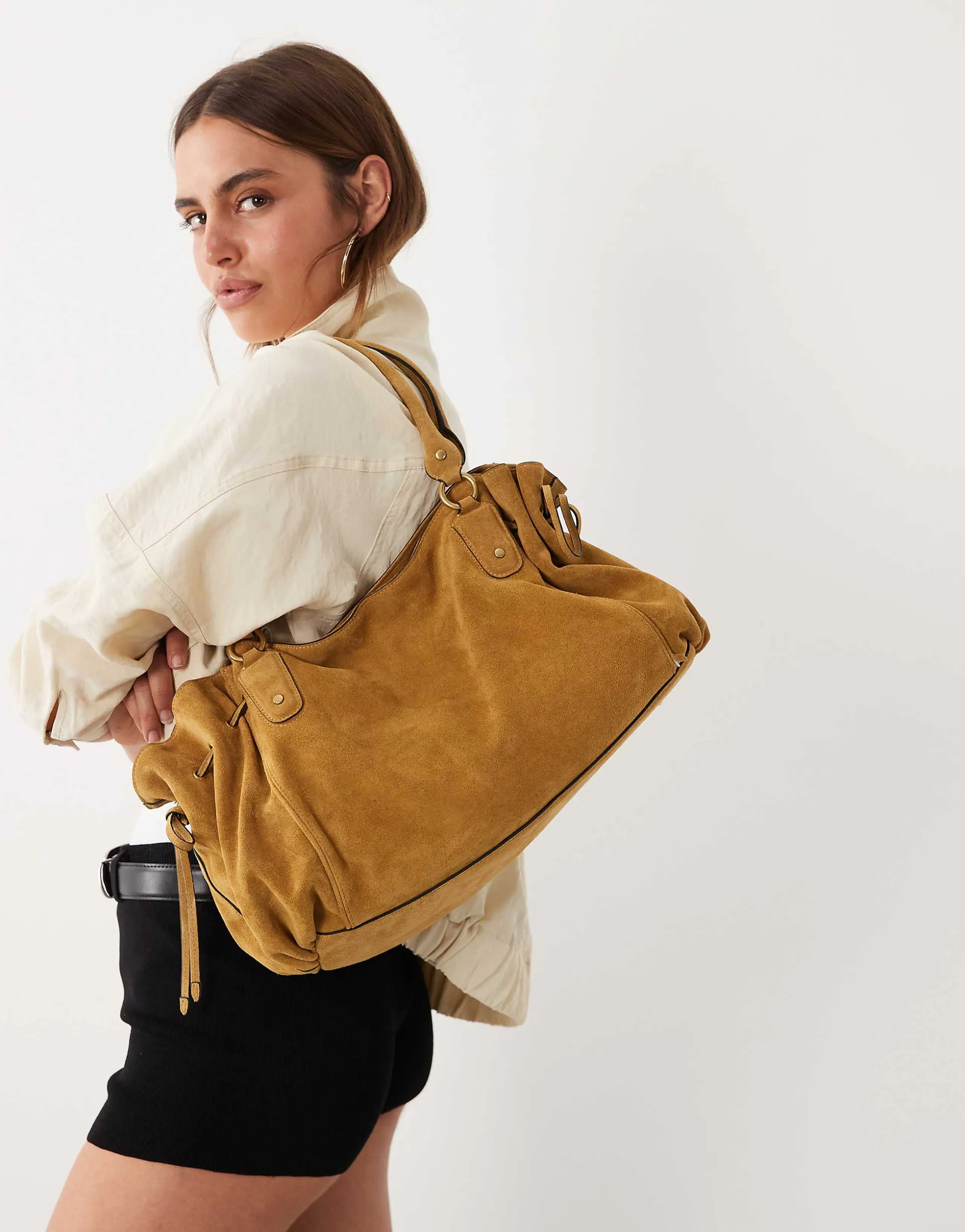 Mango starring Hailey Bieber 100% leather slouch shoulder bag in brown