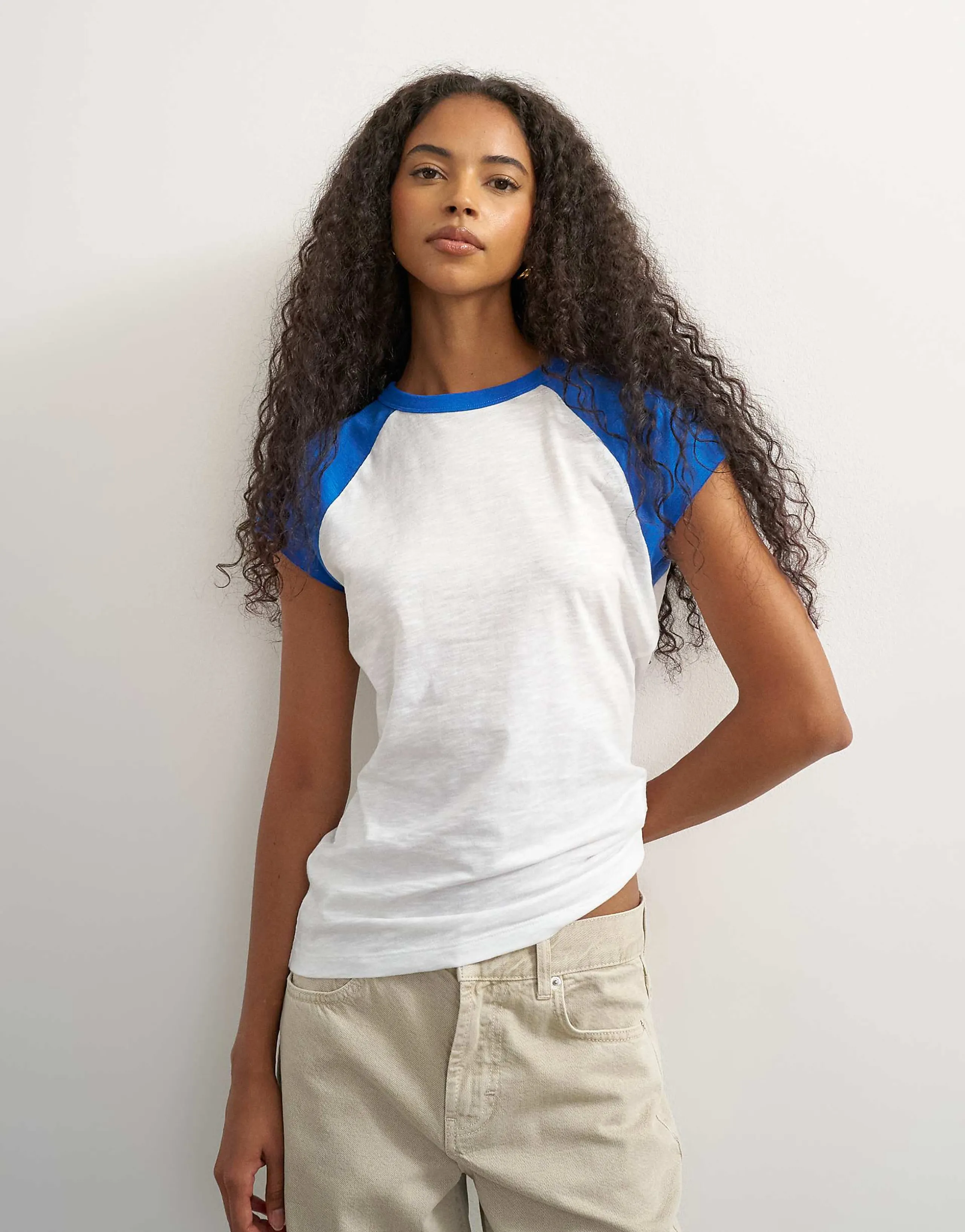 Topshop slubby color block raglan T-shirt in blue