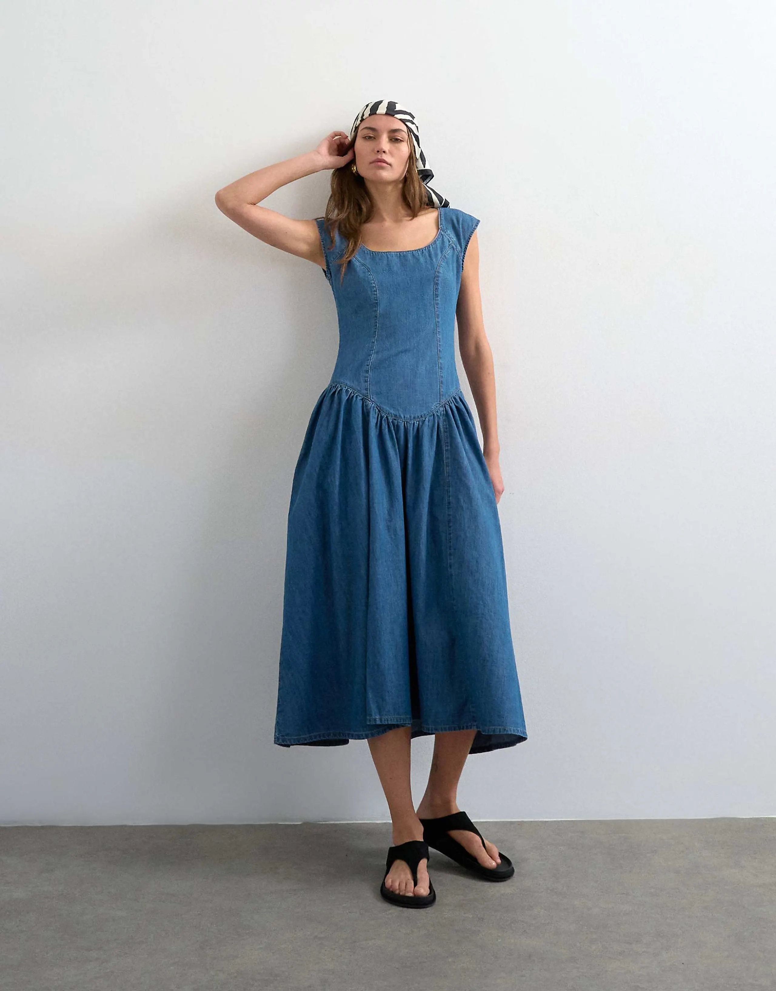 Topshop denim dropped waist midi dress in indigo rinse