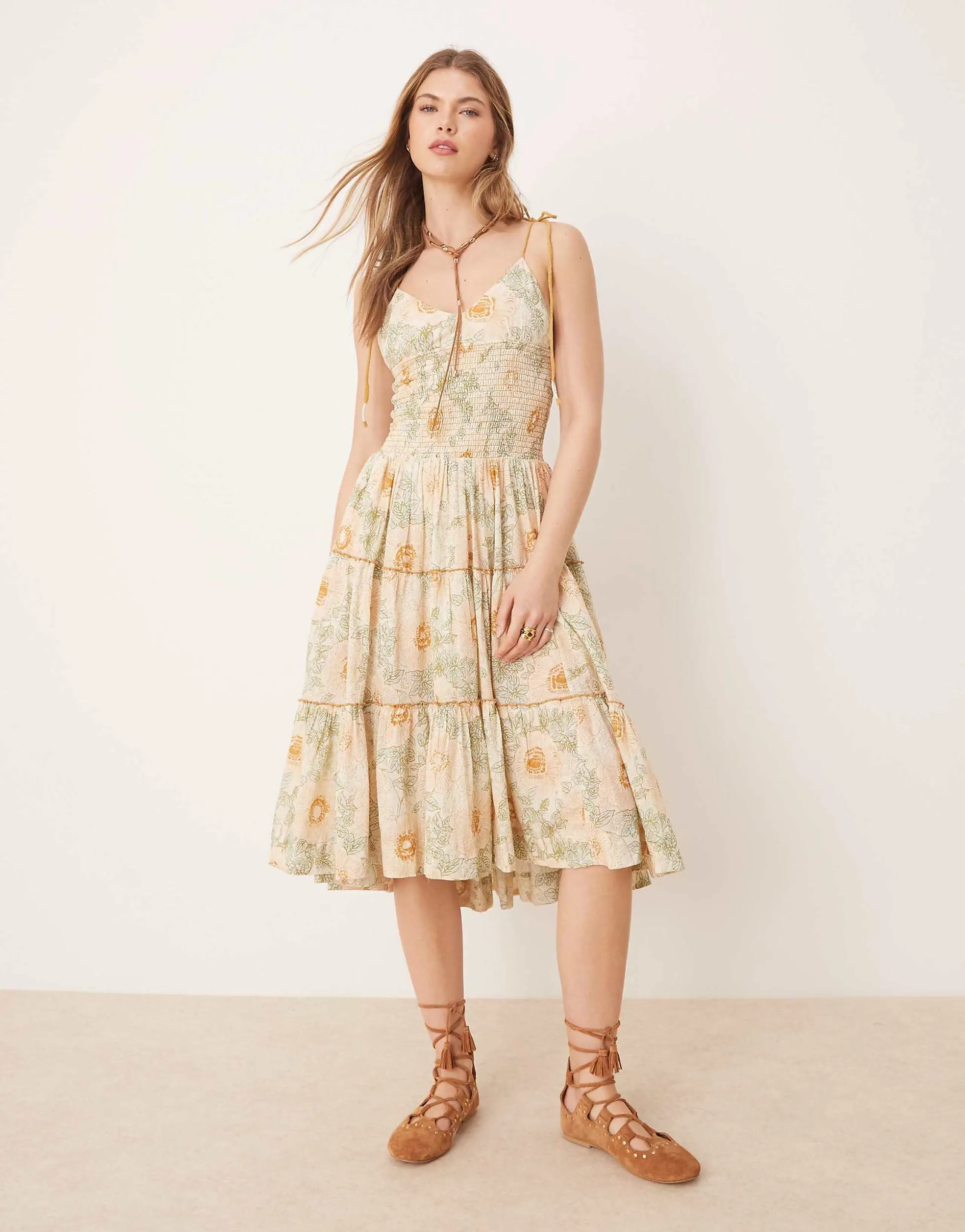 Free People adriel floral print knee length cami dress in ivory