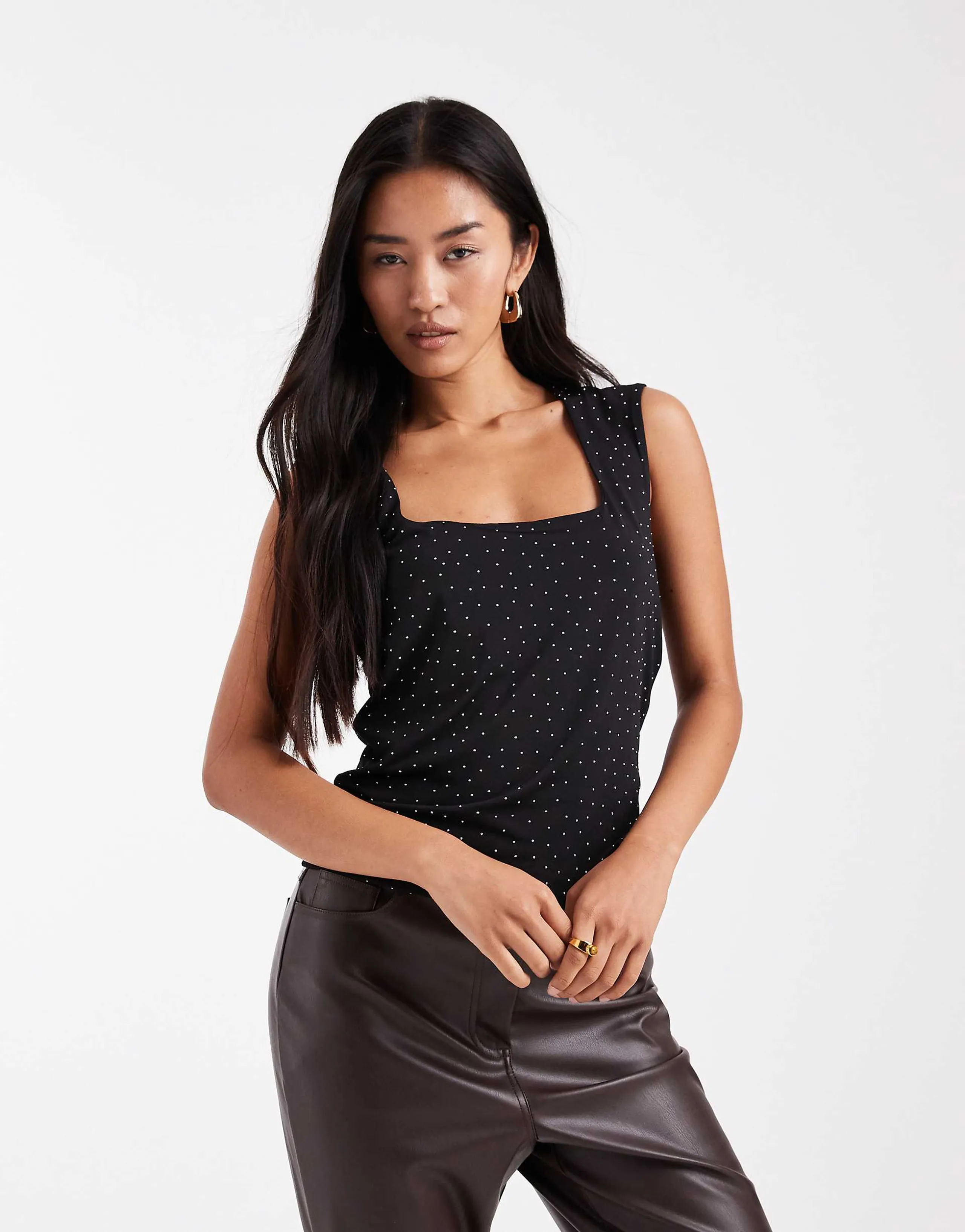 Vero Moda reversible square neck slinky top with all over diamante embellishment in black