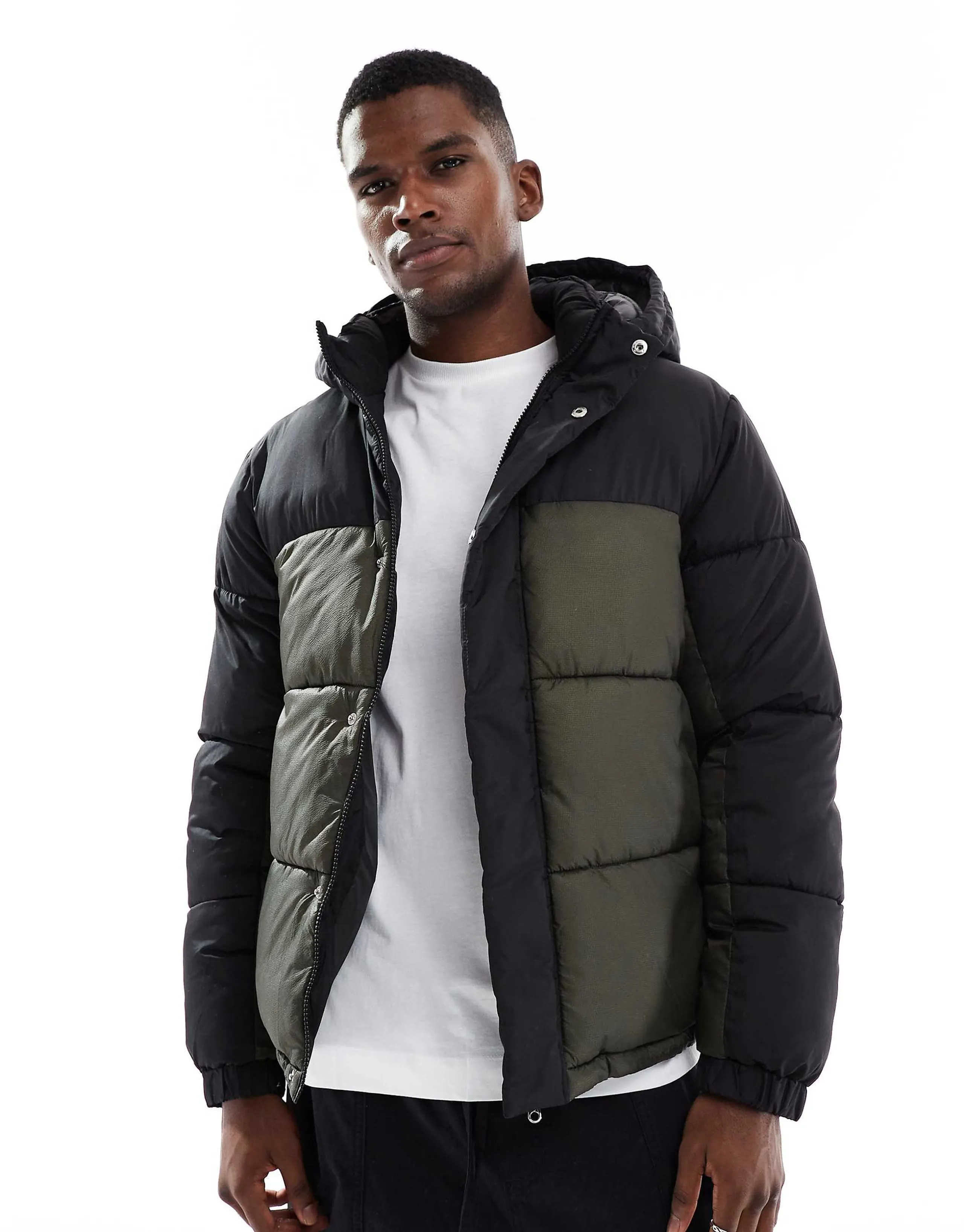 Jack & Jones hooded color block puffer jacket in black and green