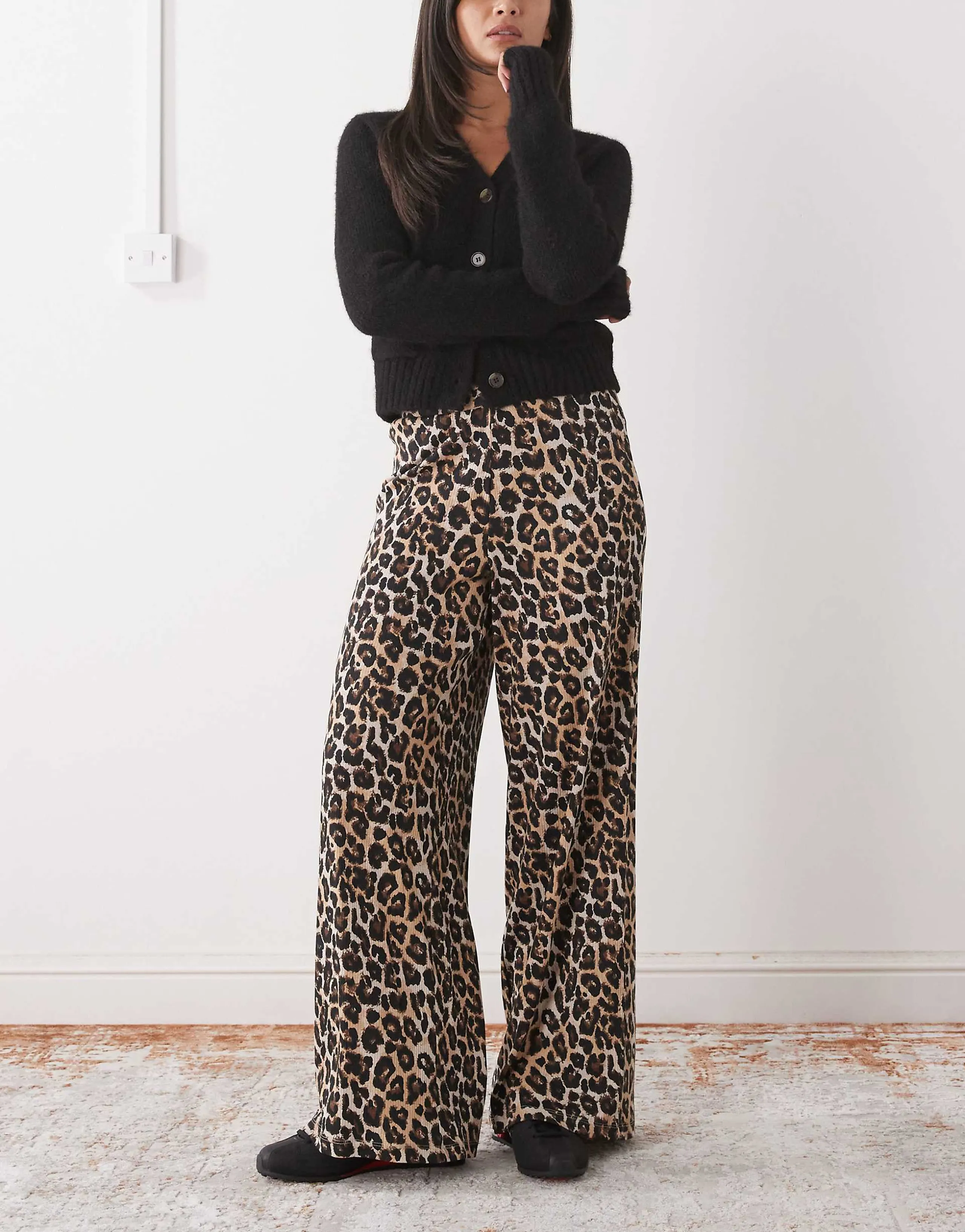 Noisy May ribbed wide leg pants in leopard print