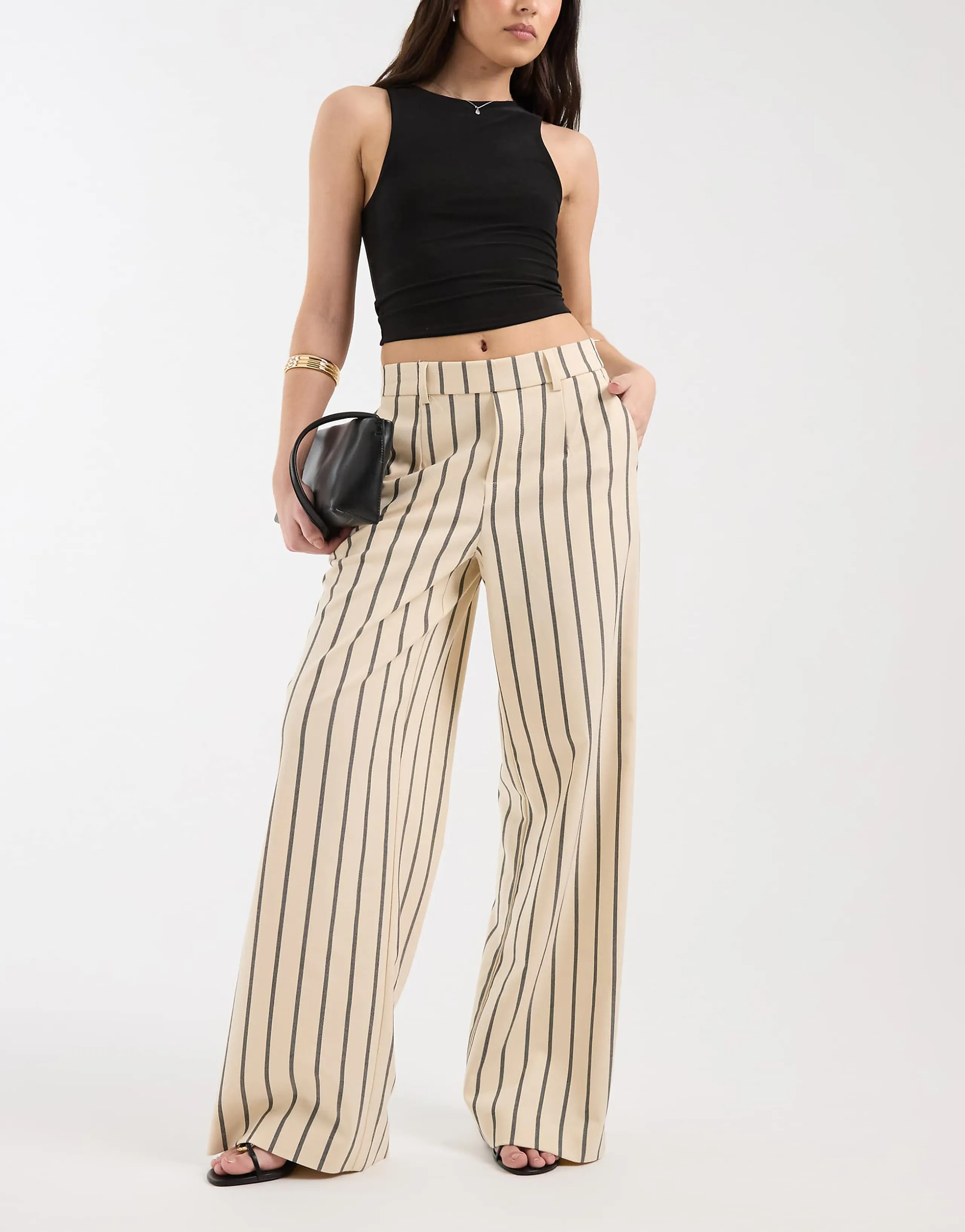 Object wide leg tailored pants in cream and black stripe