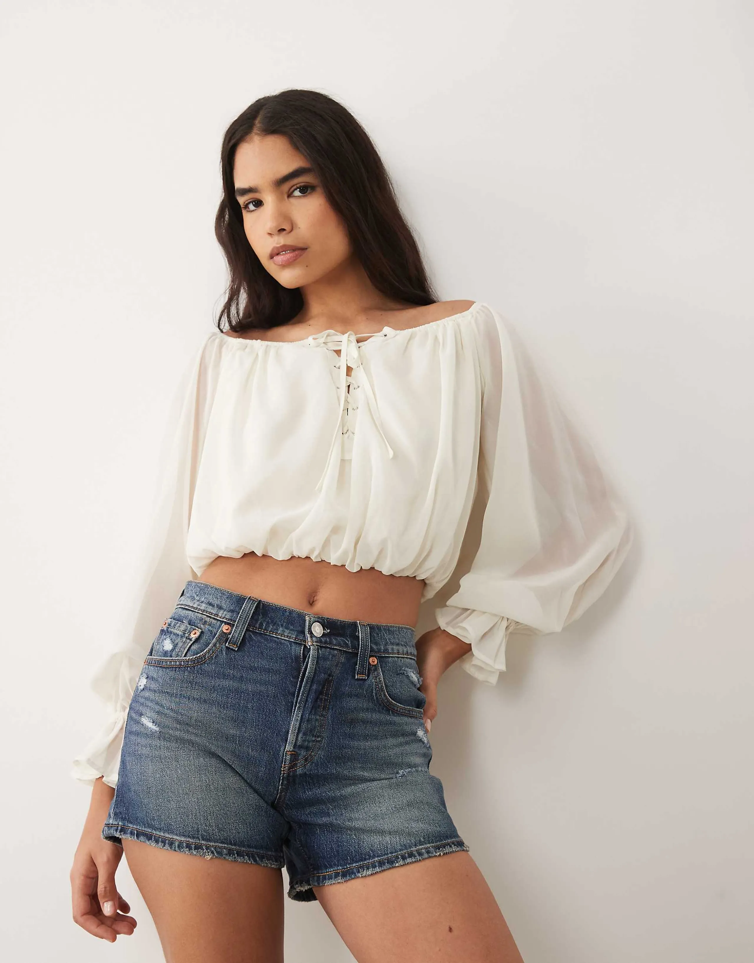 The Frolic exclusive chiffon lace up detail balloon sleeve bardot blouse in cream 