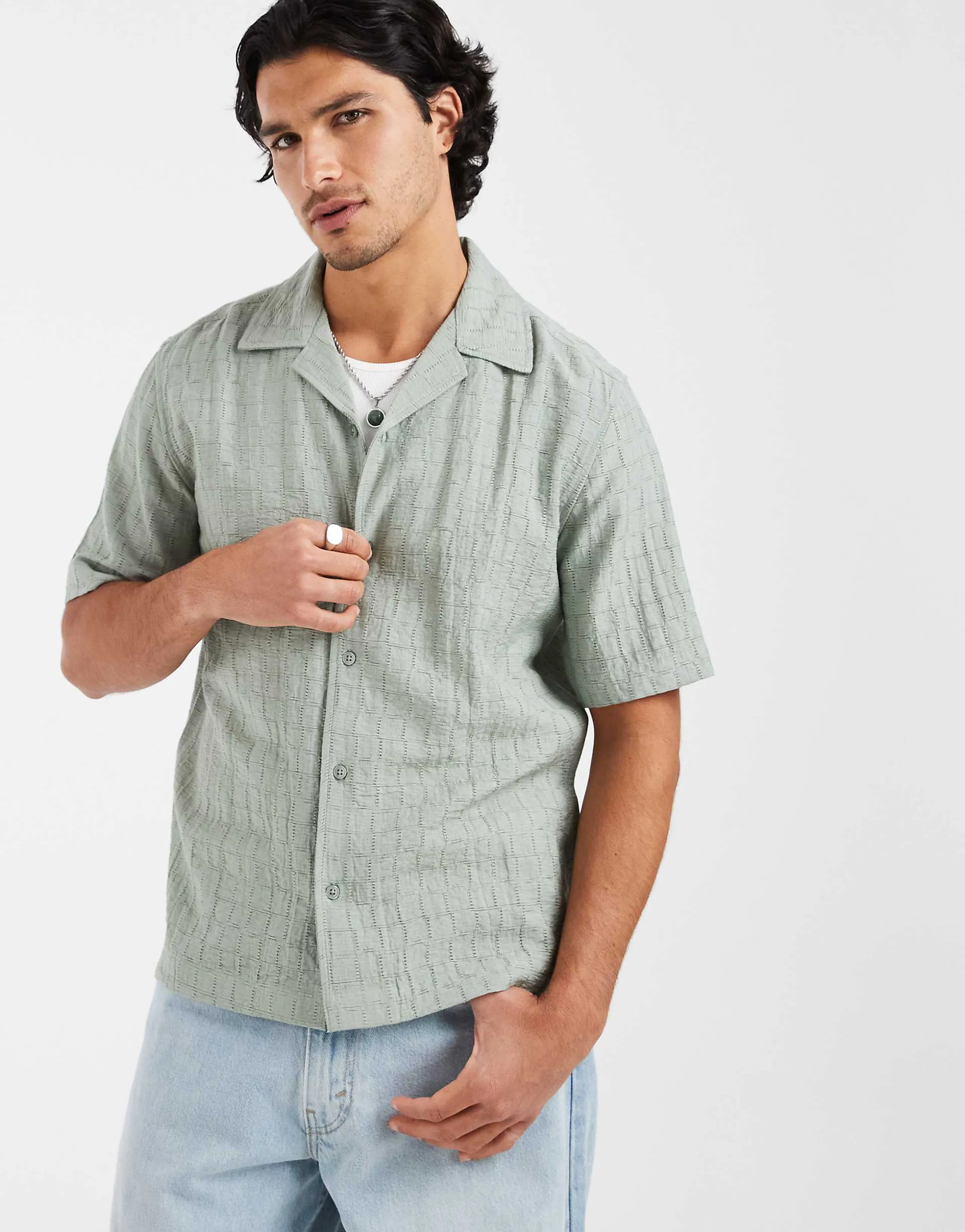 ONLY & SONS regular fit textured shirt with camp collar in light sage