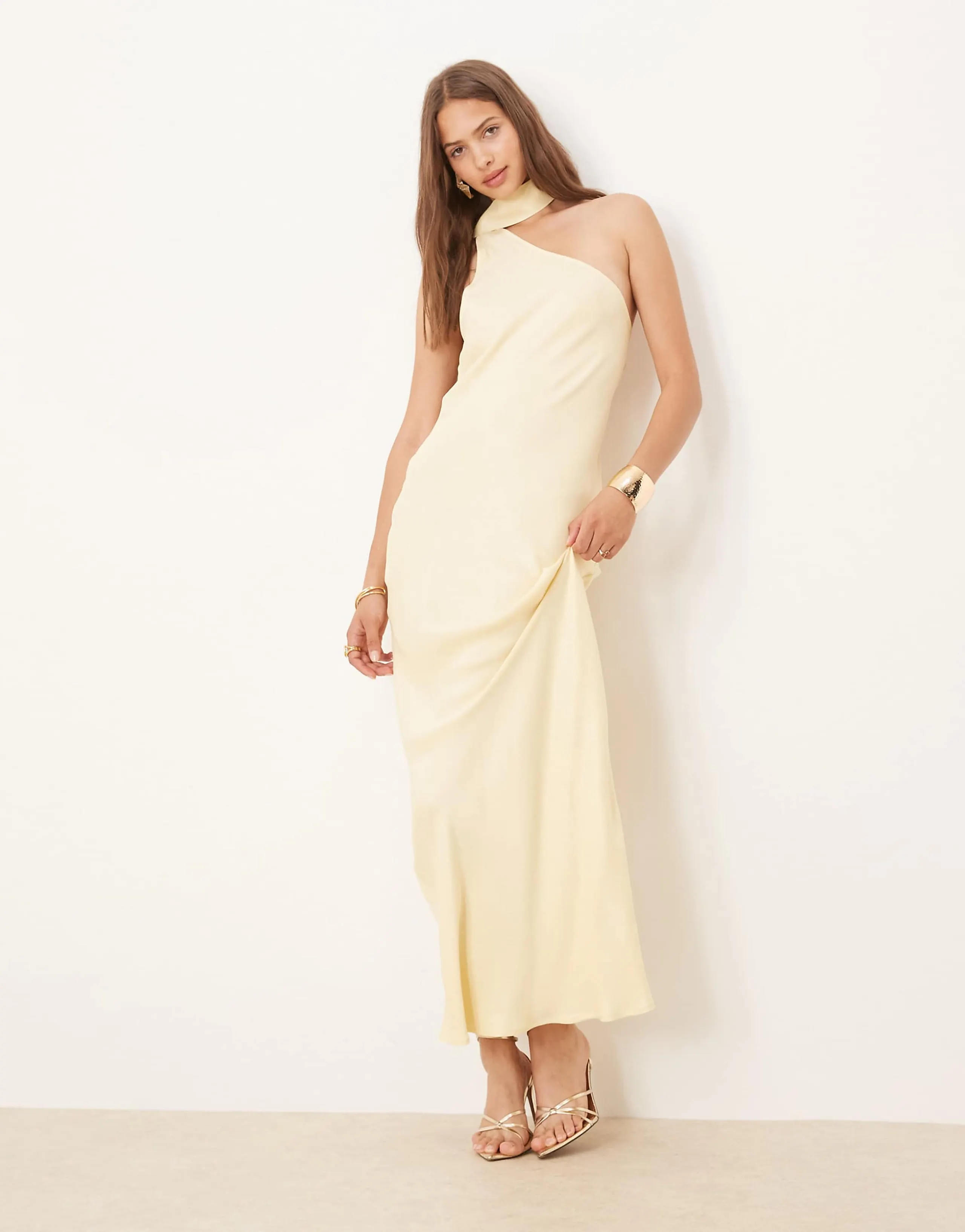 ASOS DESIGN satin one-shoulder maxi dress in buttermilk