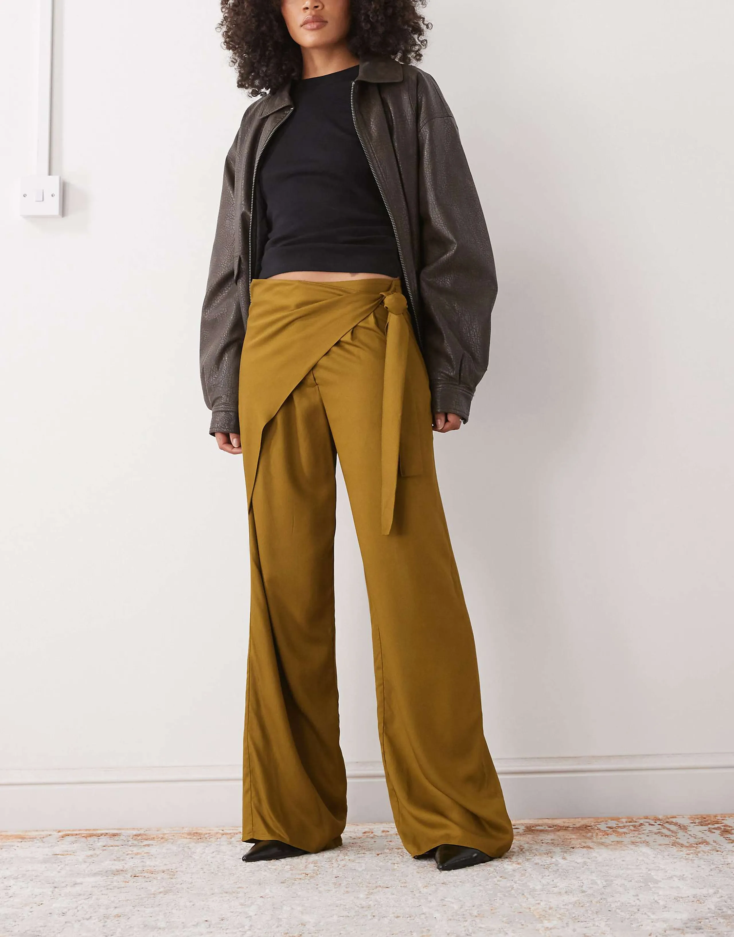Reclaimed Vintage wide leg pants with wrap tie detail in khaki green