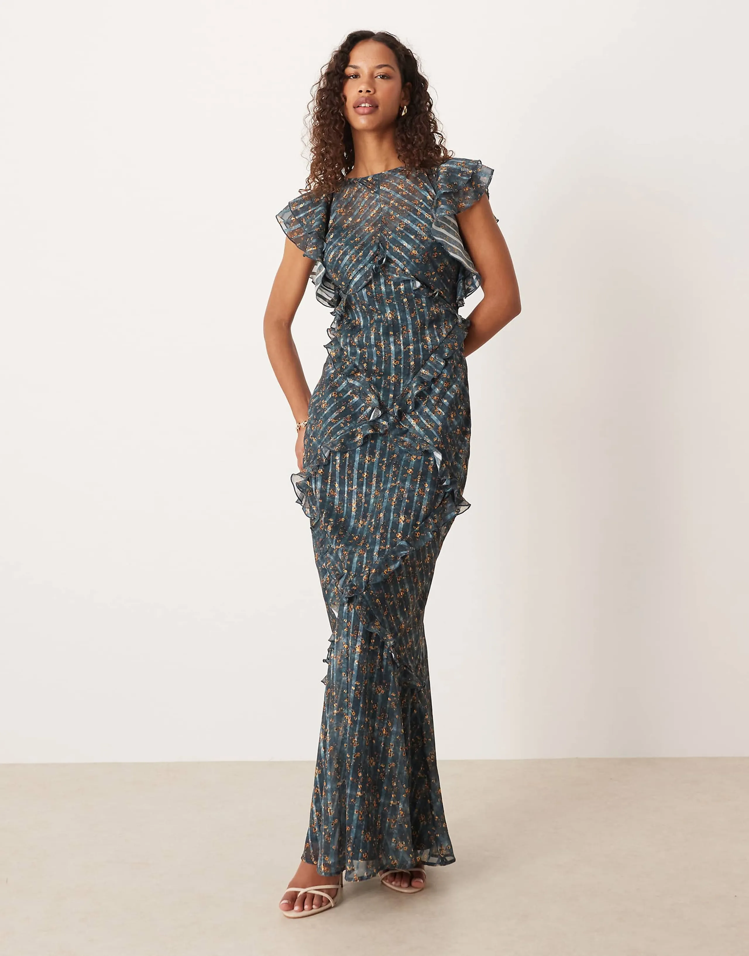 ASOS DESIGN maxi dress with frill body detailing in blue floral print