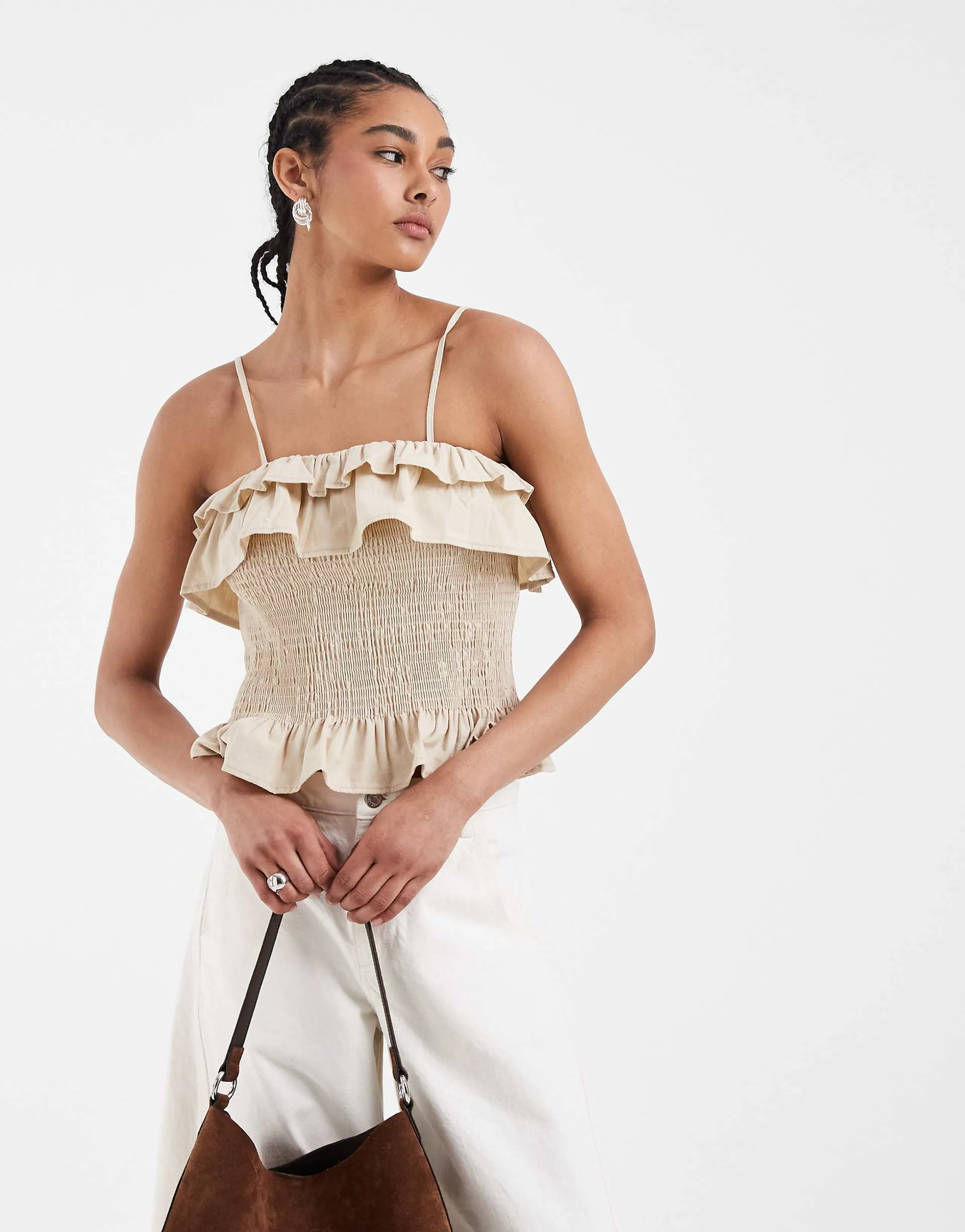 ASOS DESIGN shirred ruffle linen blend cami top set in natural