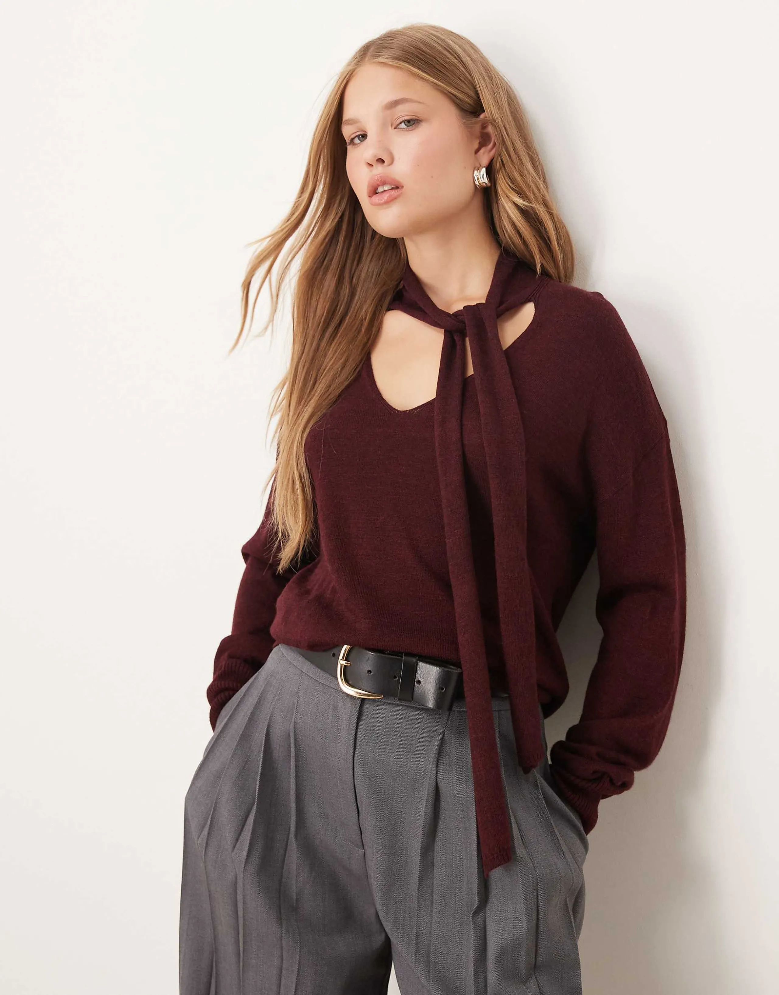 Mango v-neck knit sweater with scarf detail in burgundy 