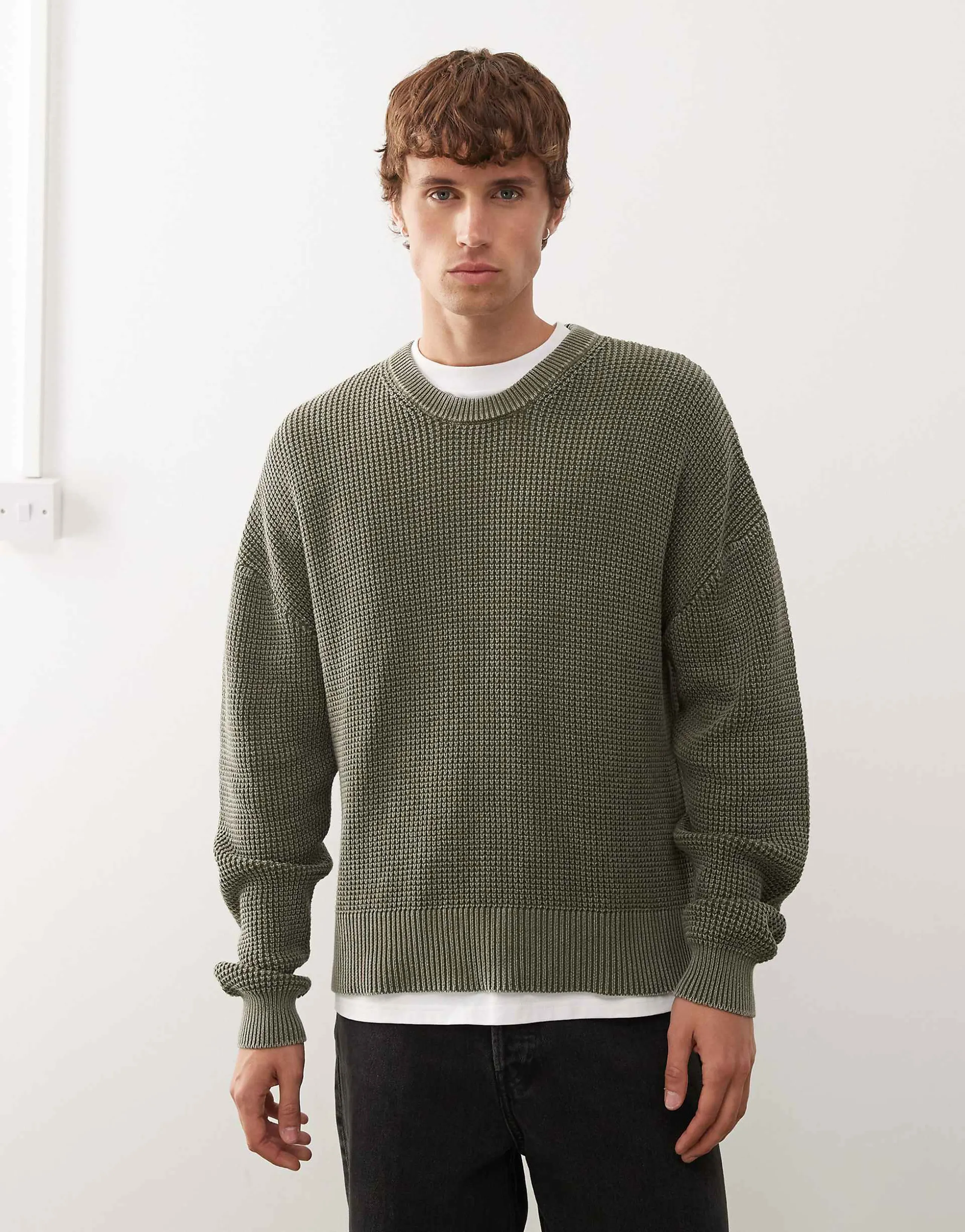 Weekday boxy fit sweater in dark khaki green wash