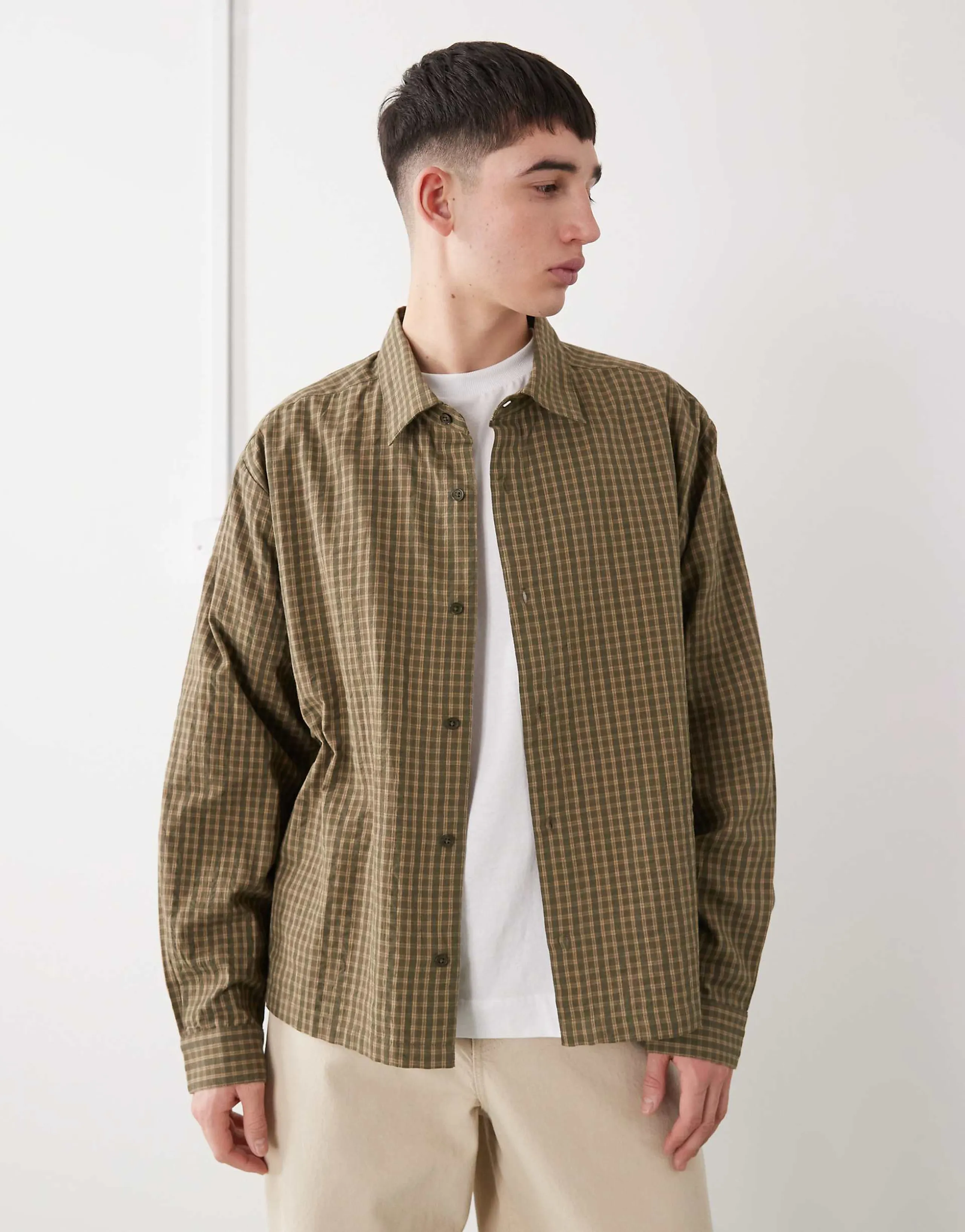 COLLUSION long sleeve boxy shirt in khaki-green plaid