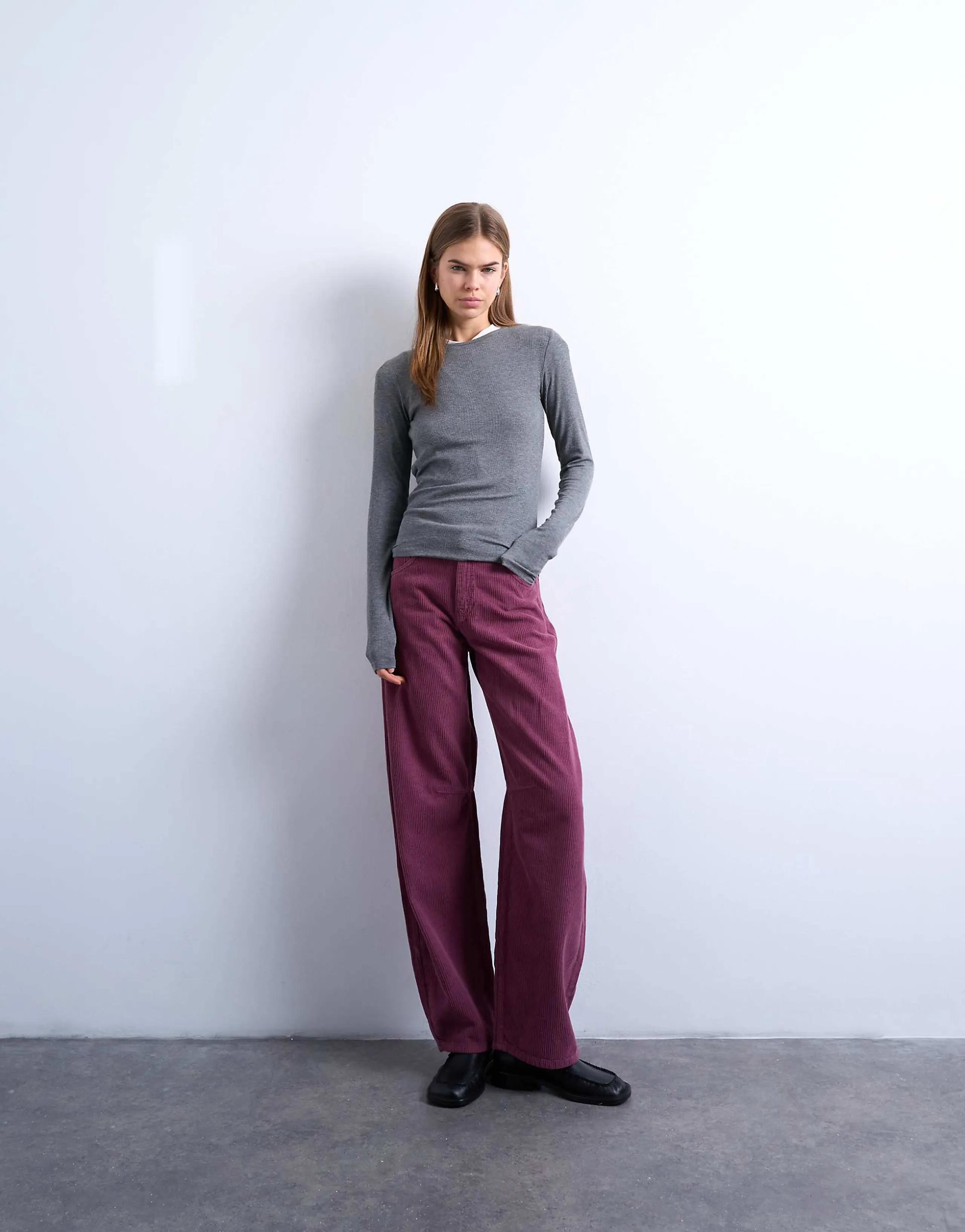 Topshop barrel leg mid rise jeans in purple corduroy