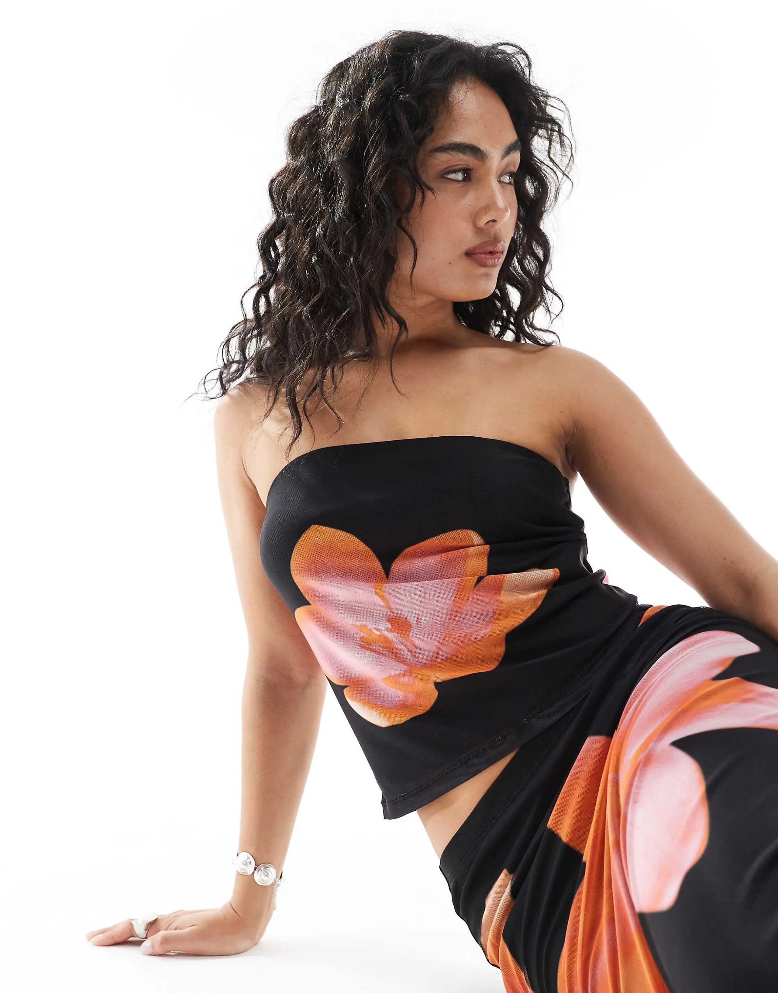 JJXX mesh strapless top with flower print - part of a set