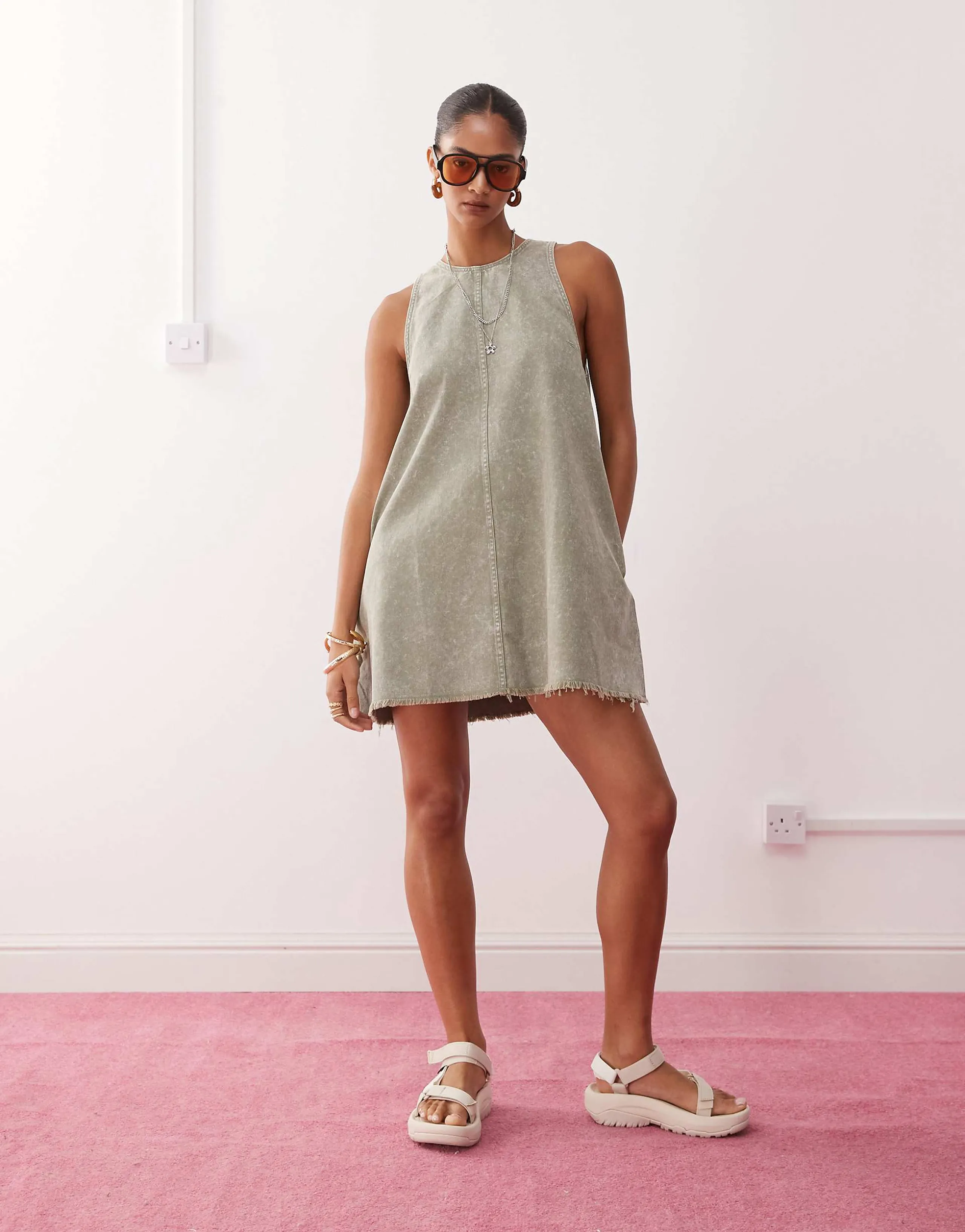 Monki sleeveless a line mini dress with frayed edge in khaki green