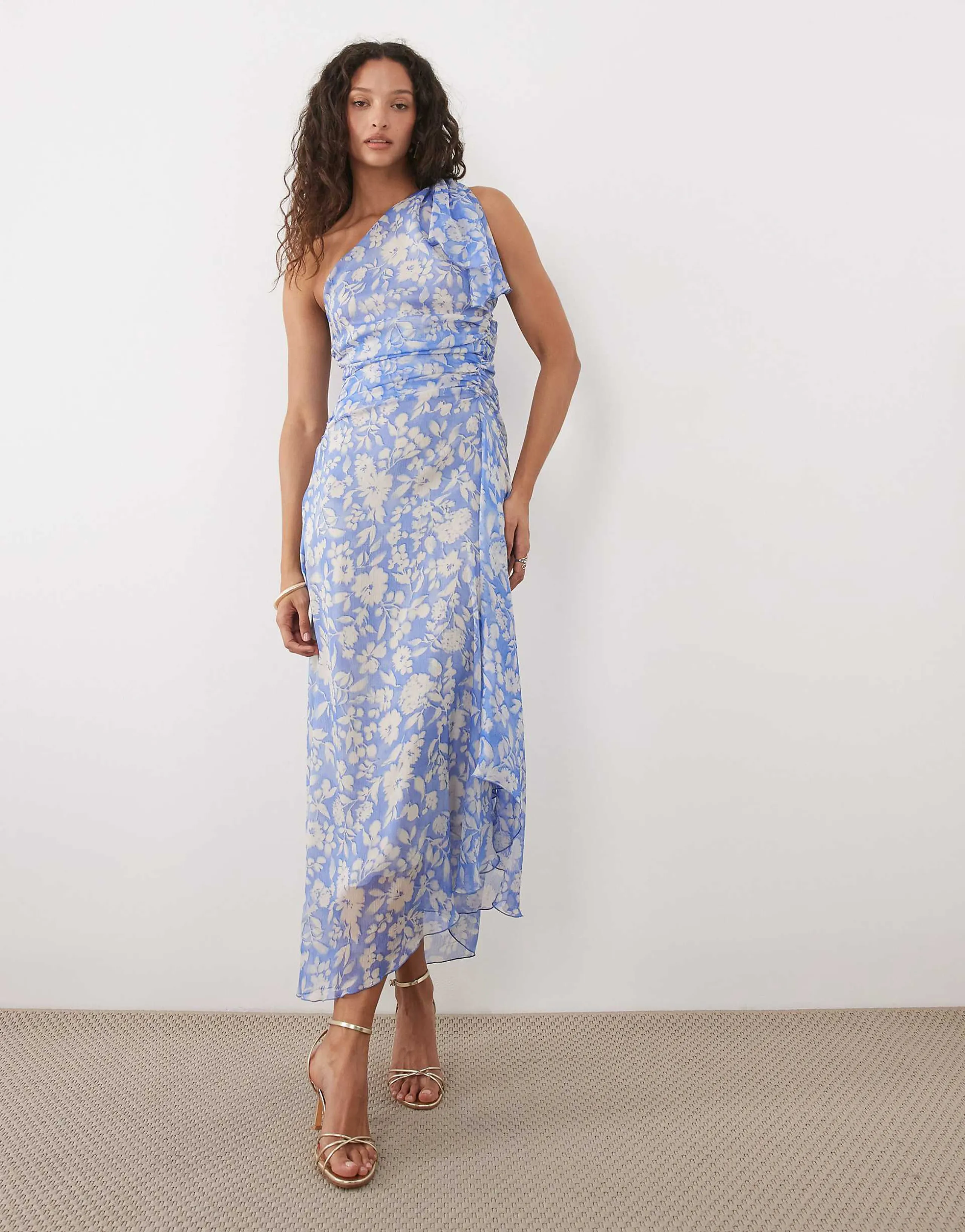Mango one shoulder maxi dress in blue and cream floral print