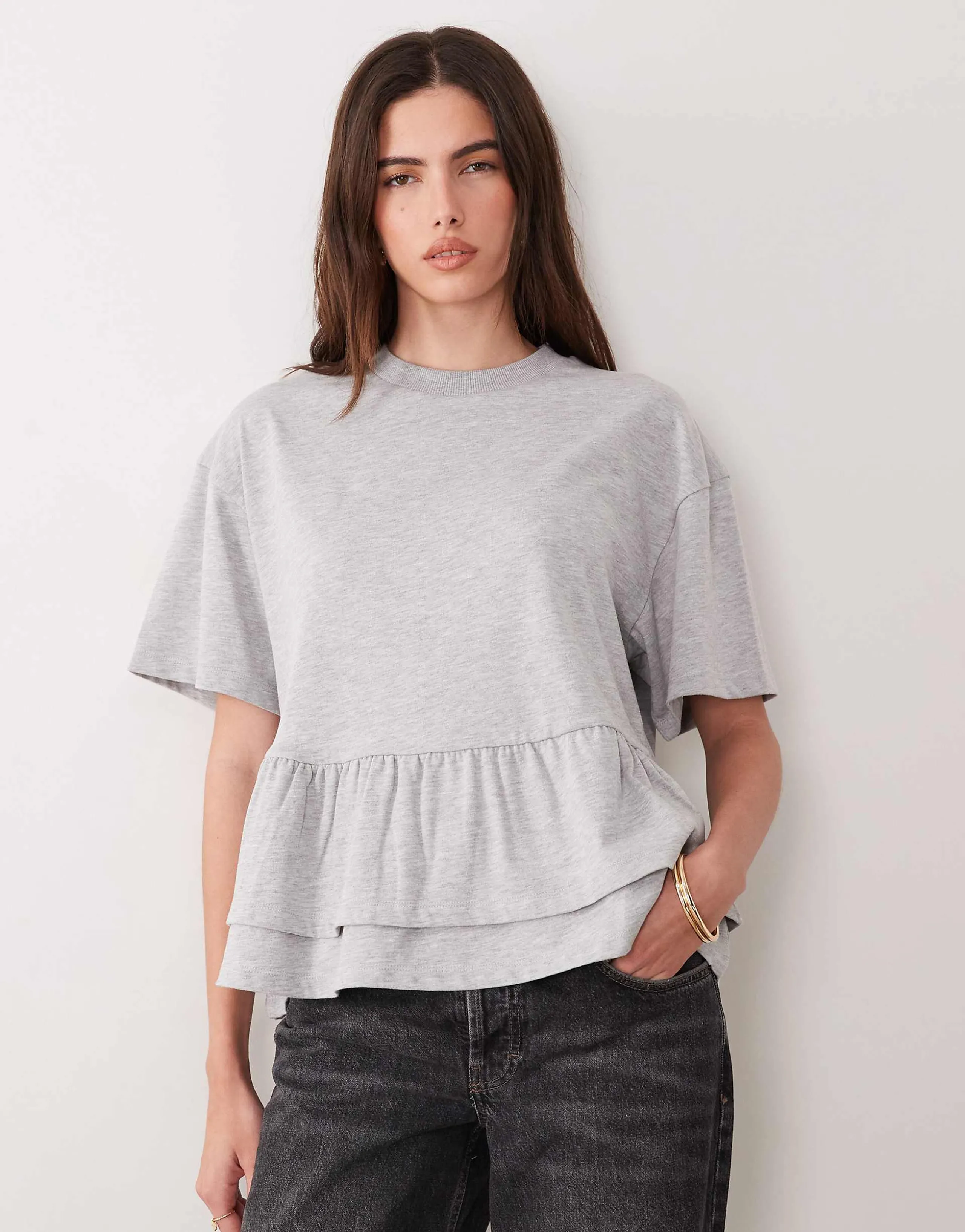 ASOS DESIGN oversized t-shirt with double peplum hem in heather gray