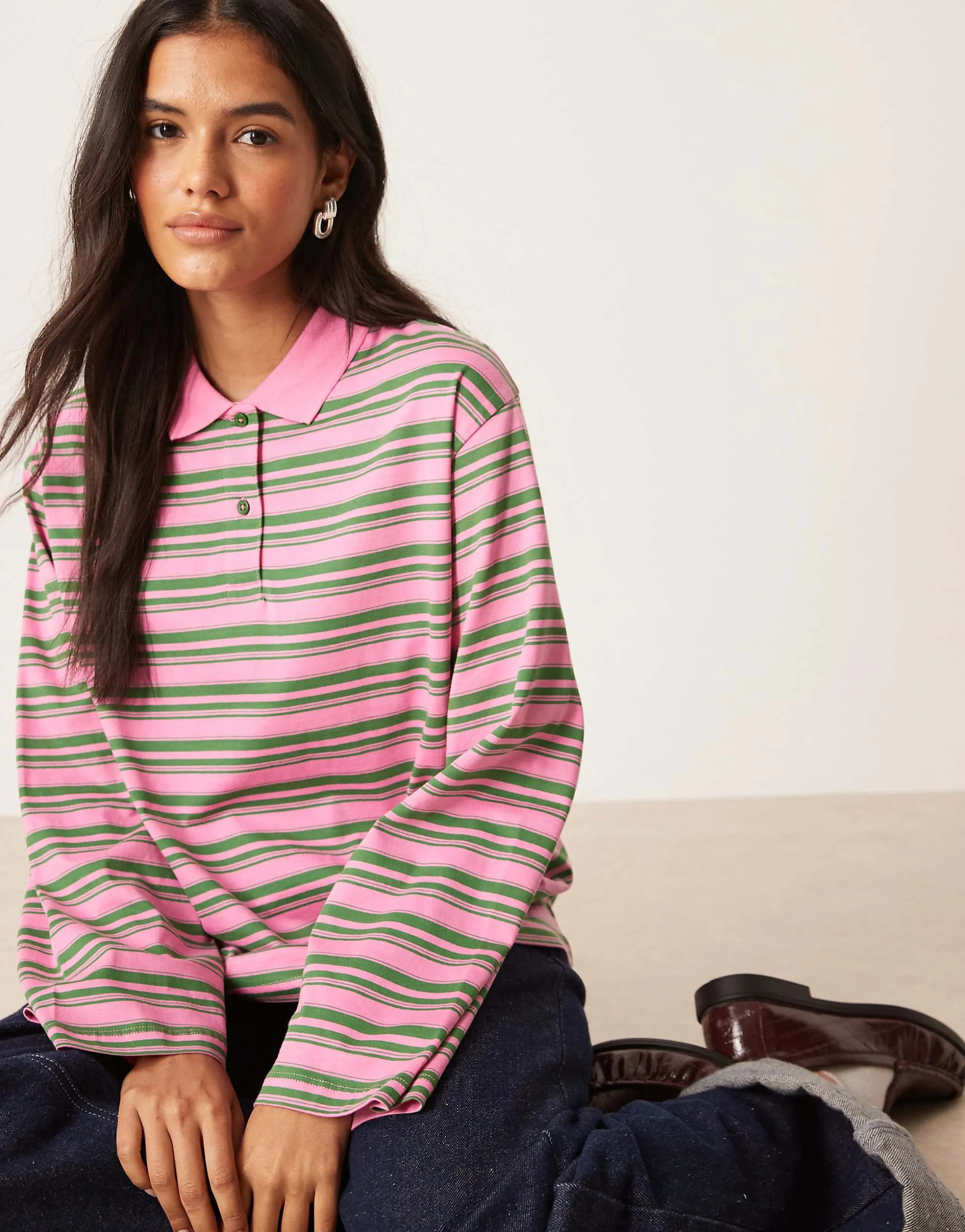 AWARE long sleeve polo top in green & pink stripe