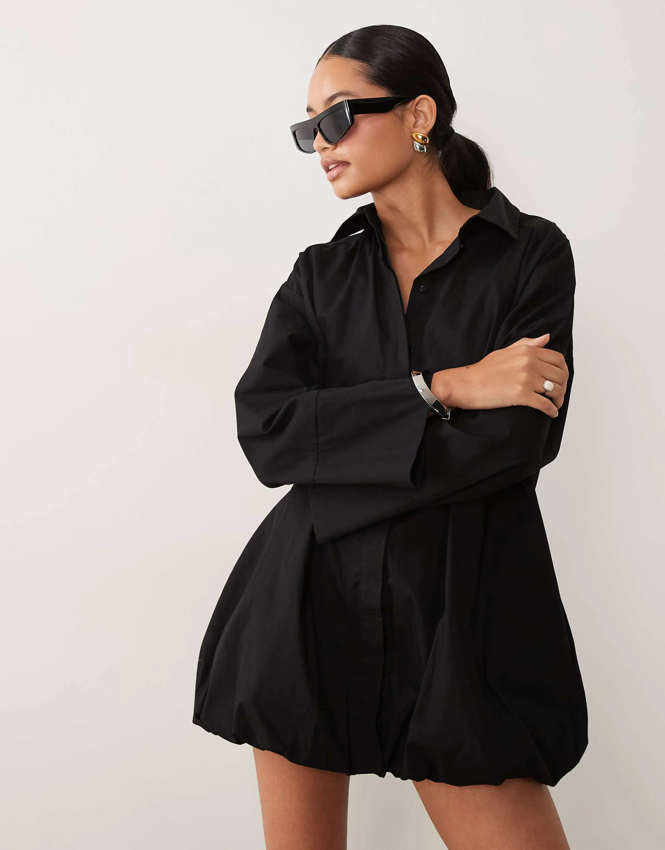 ASOS DESIGN wide cuff shirt mini dress with bubble hem in black