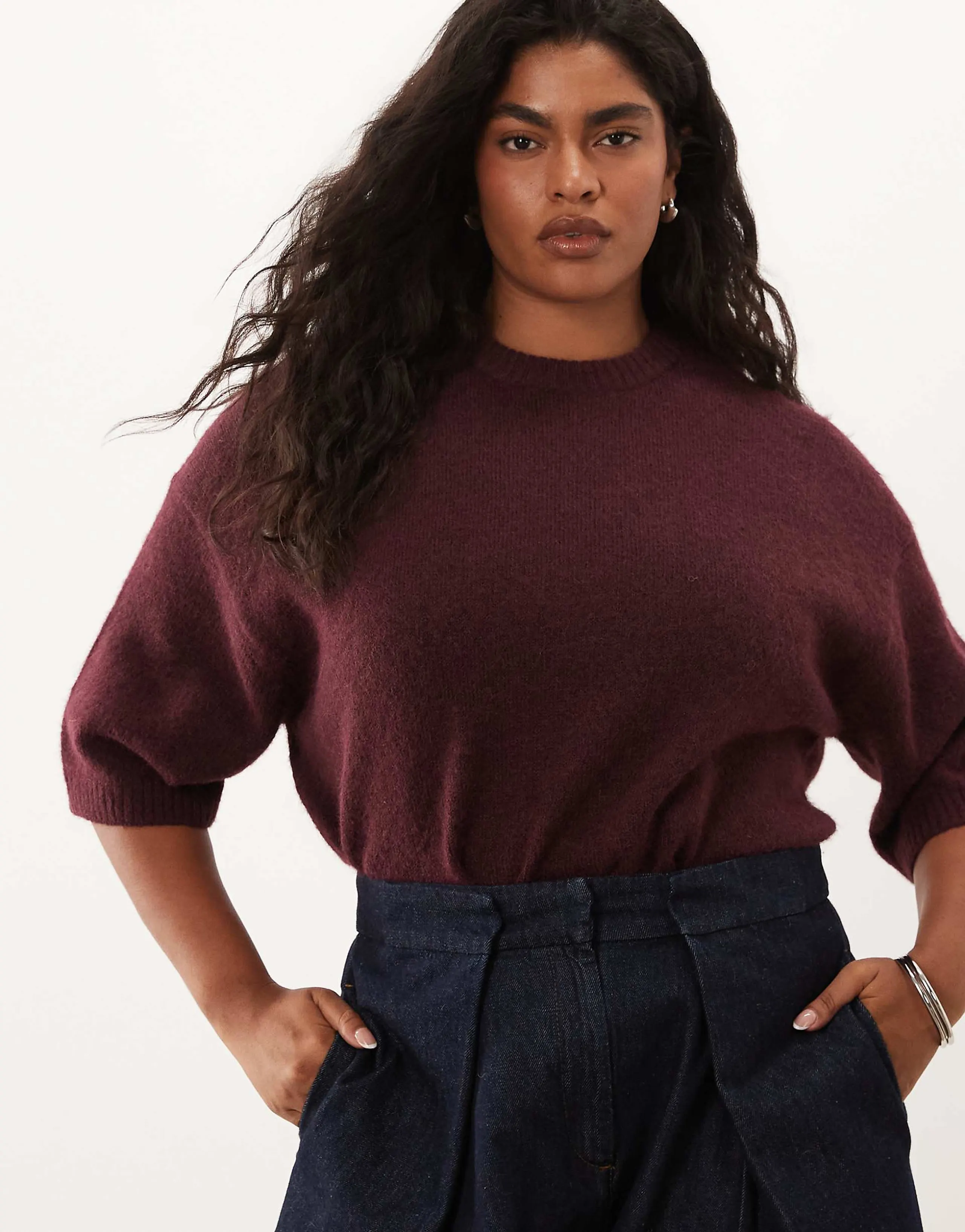 ASOS DESIGN Curve crew neck T-shirt with wool in burgundy - part of a set