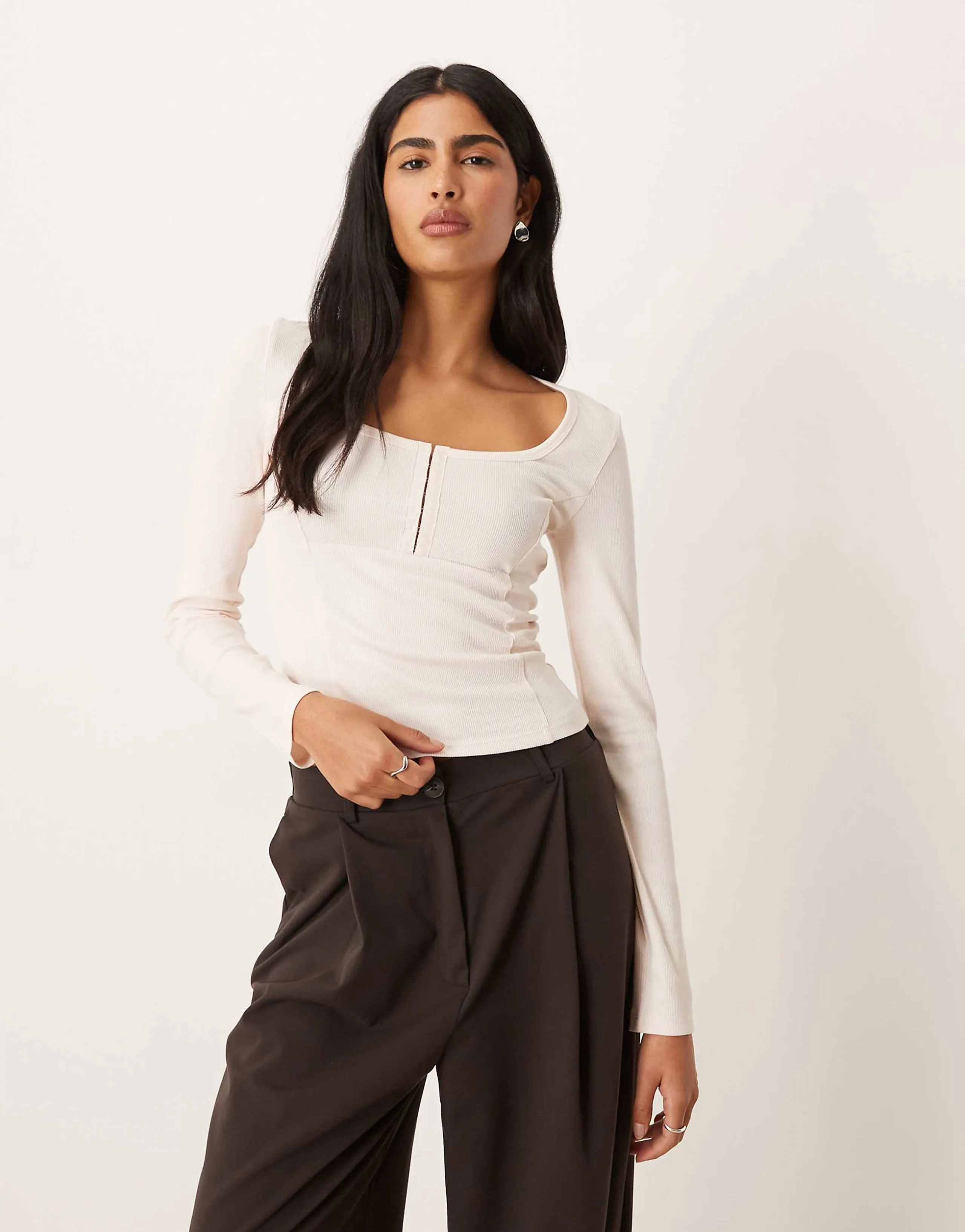 ASOS DESIGN scoop neck long sleeve top with seam detailing in cream