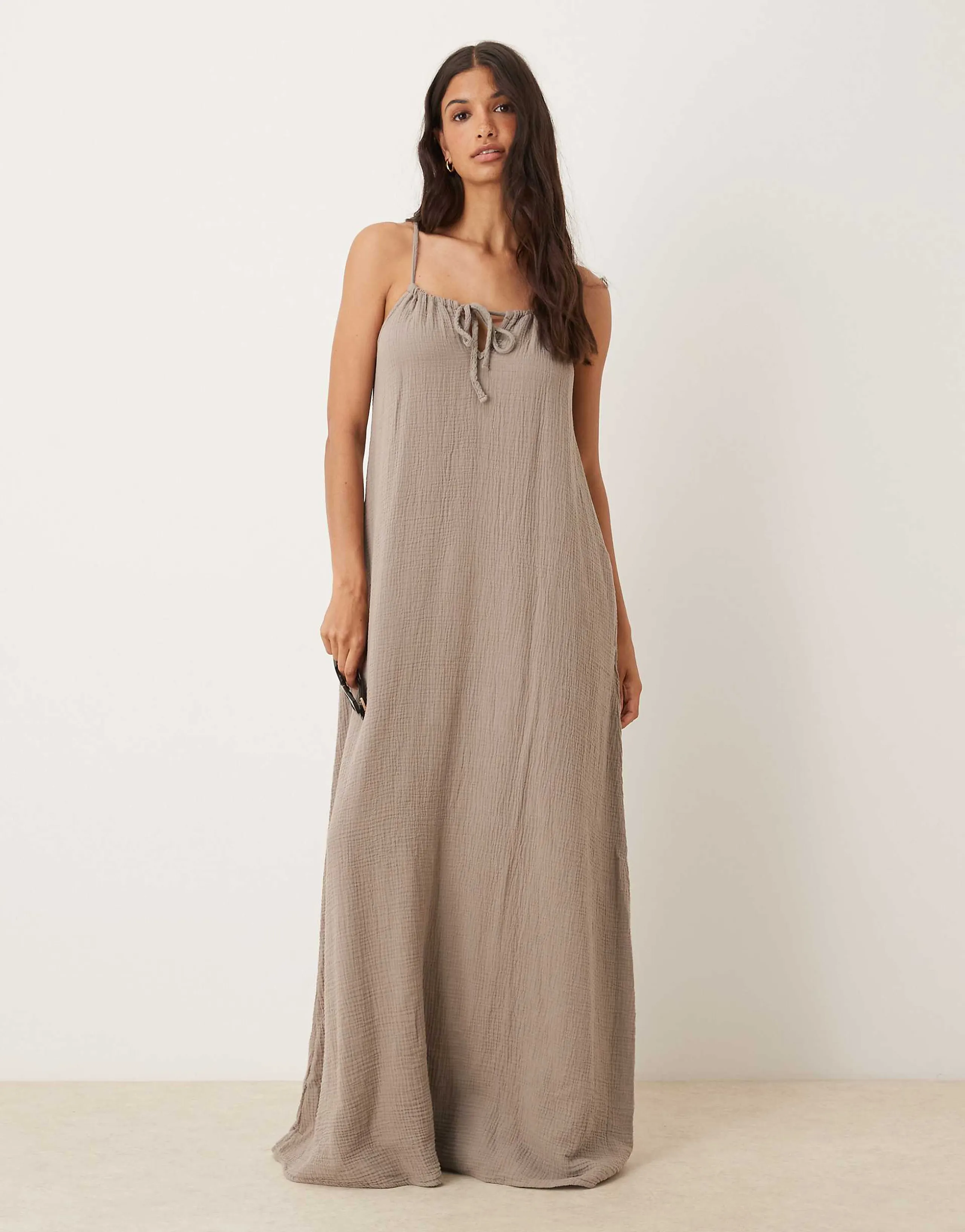 JDY cheesecloth sleeveless tie front maxi dress in brown