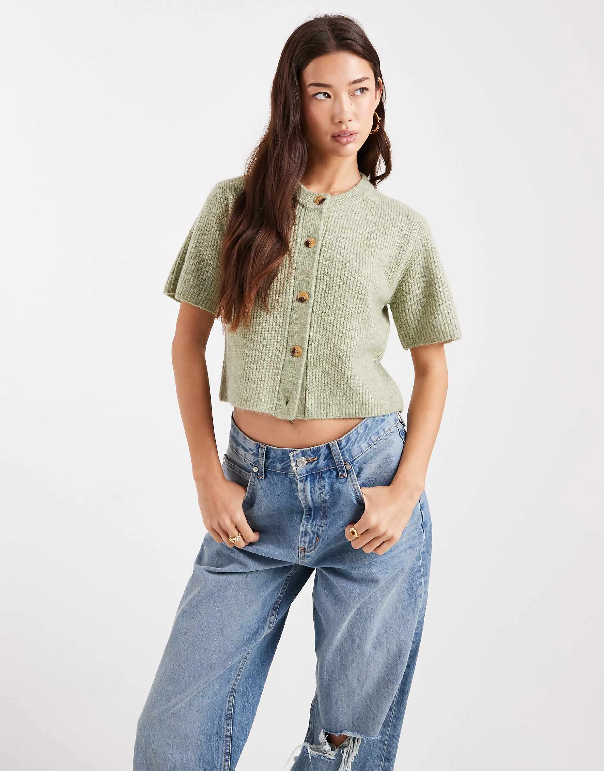 Brave Soul crew neck knit short sleeve cardigan in sage green