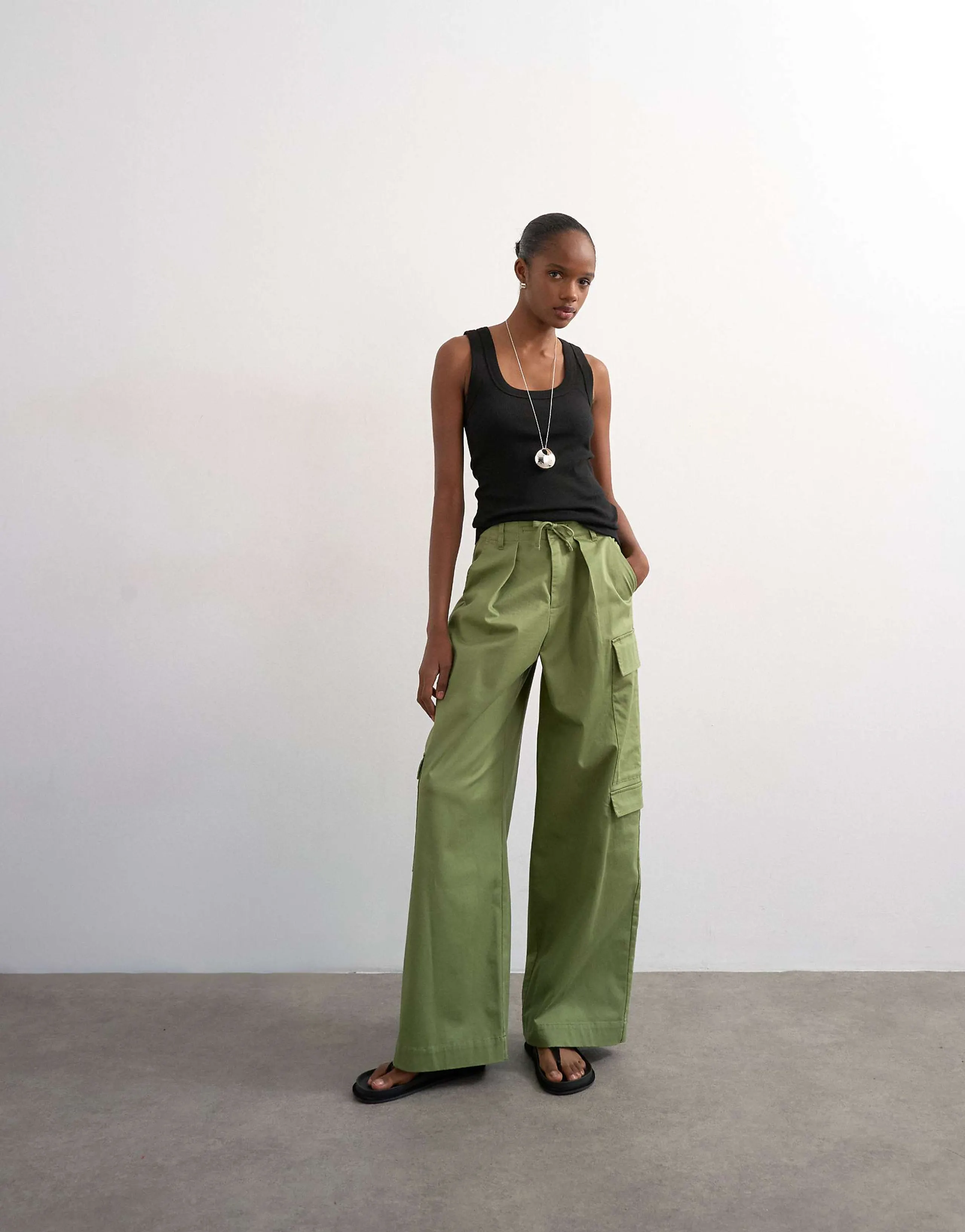 Topshop clean a-line wide leg cargo pants with tie waist in khaki green