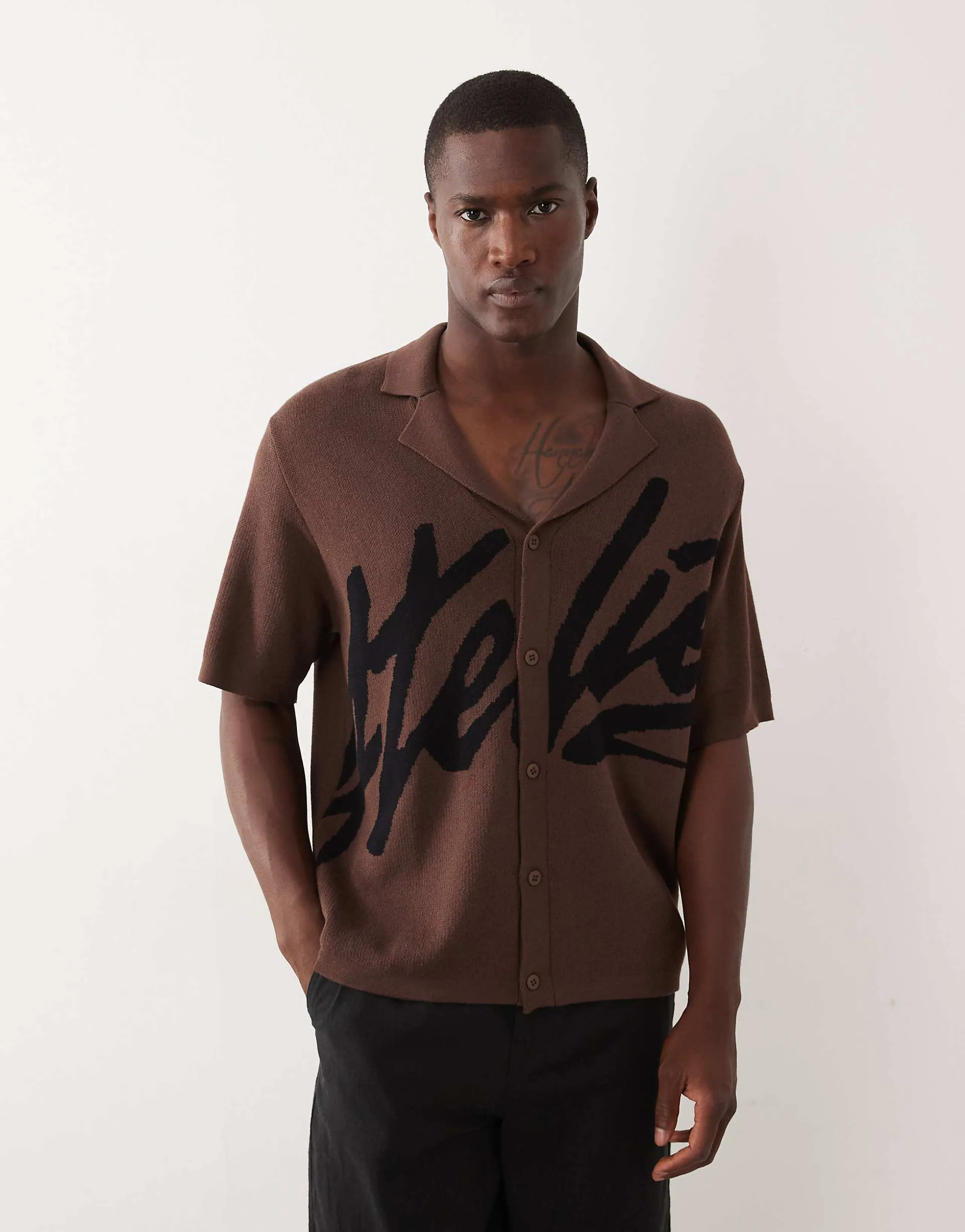 ASOS DESIGN oversized knit revere button through with graphic in brown