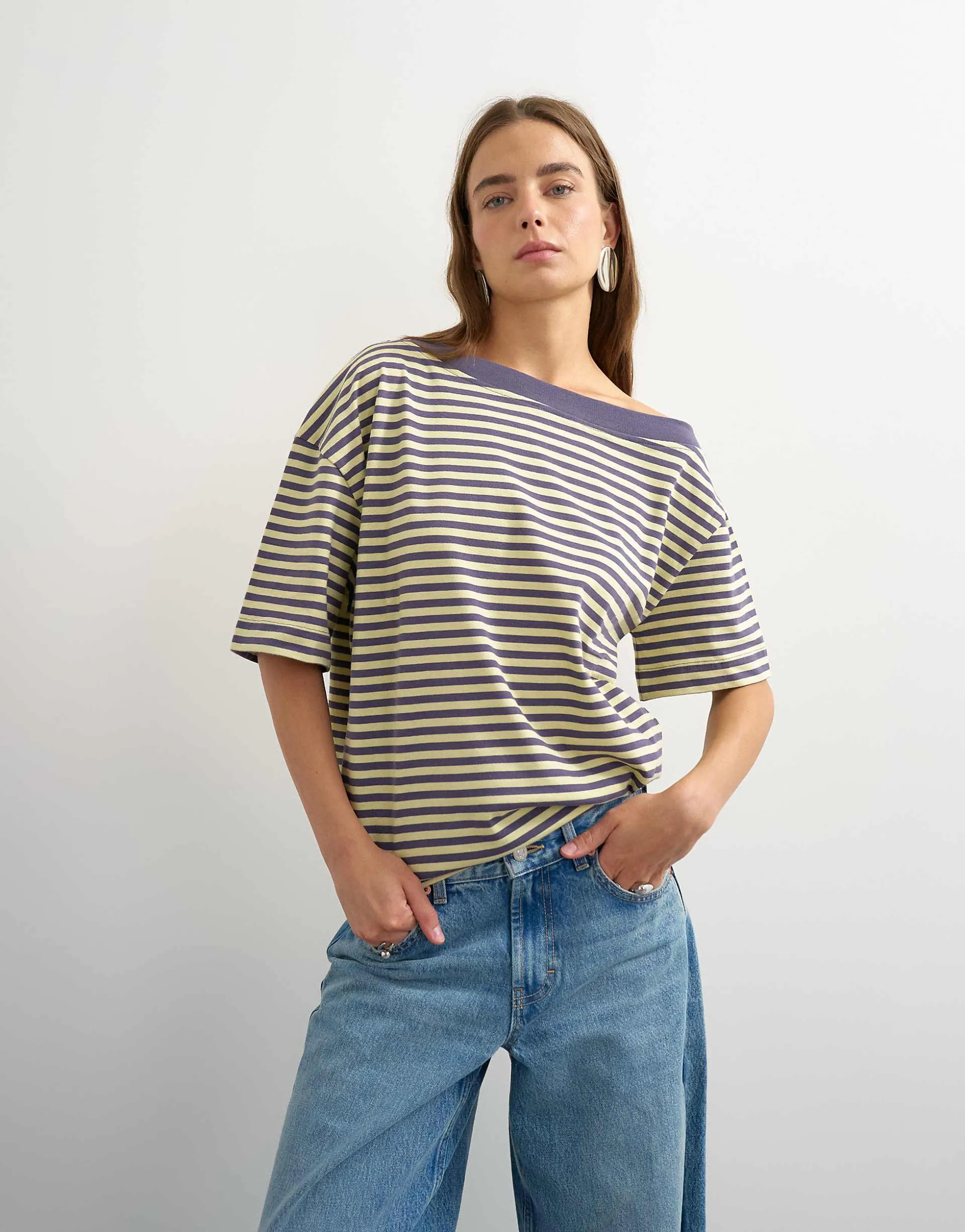 Topshop striped off the shoulder t-shirt in navy