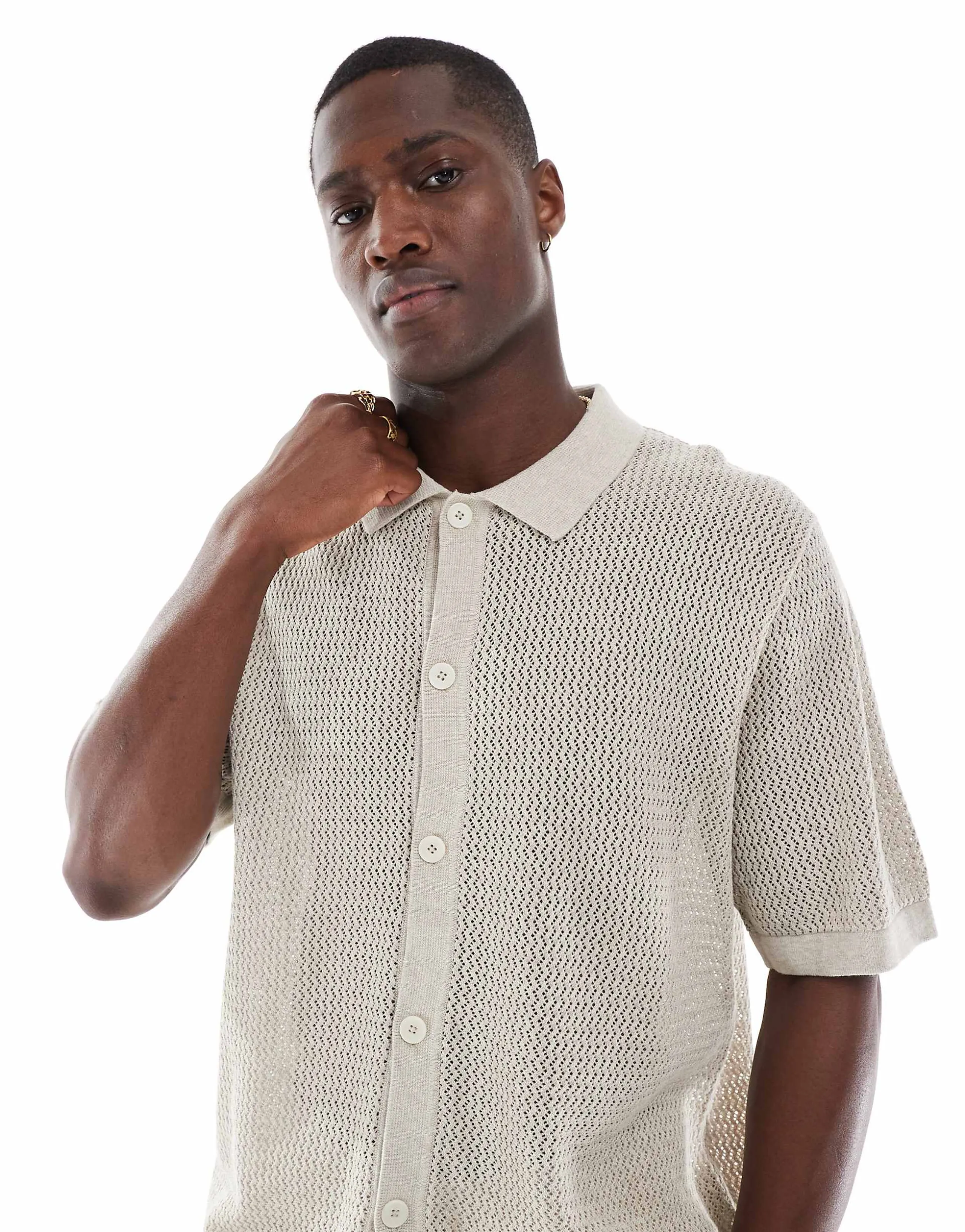 Jack & Jones Premium button up polo shirt in cream texture
