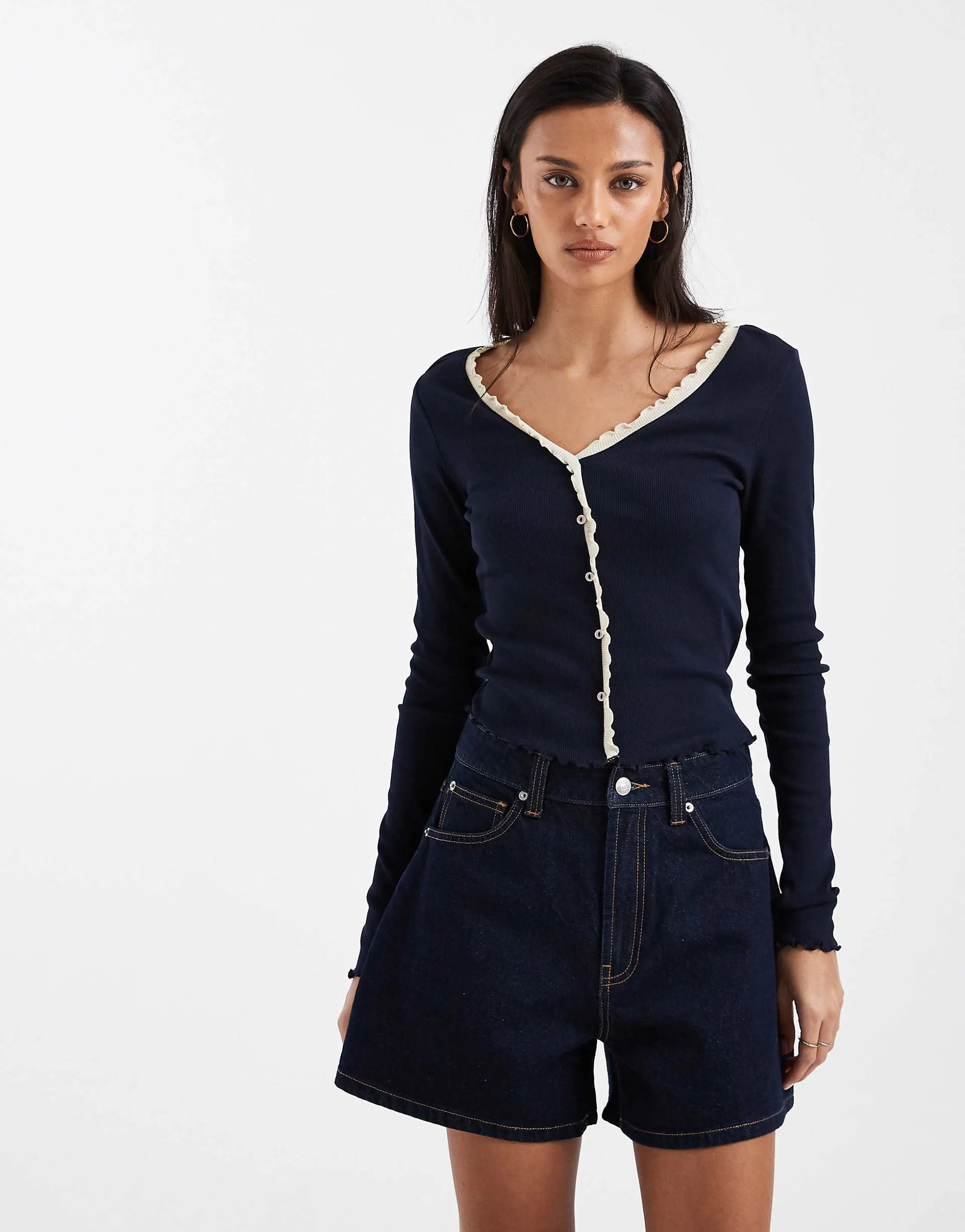 ONLY rib knit cardigan with lettuce edges in navy with contrast seams