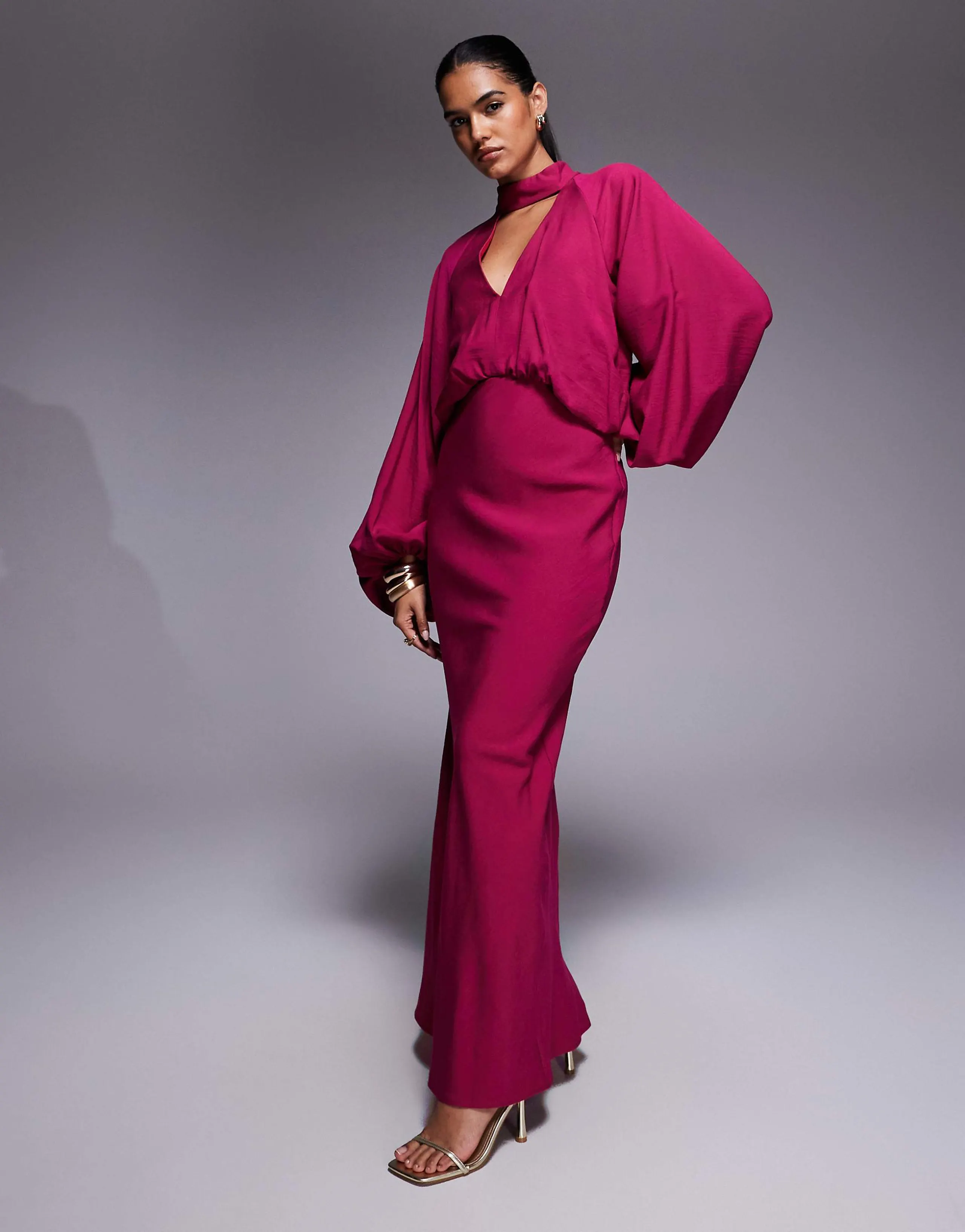 ASOS DESIGN high neck plunge maxi dress with blouson sleeves in raspberry