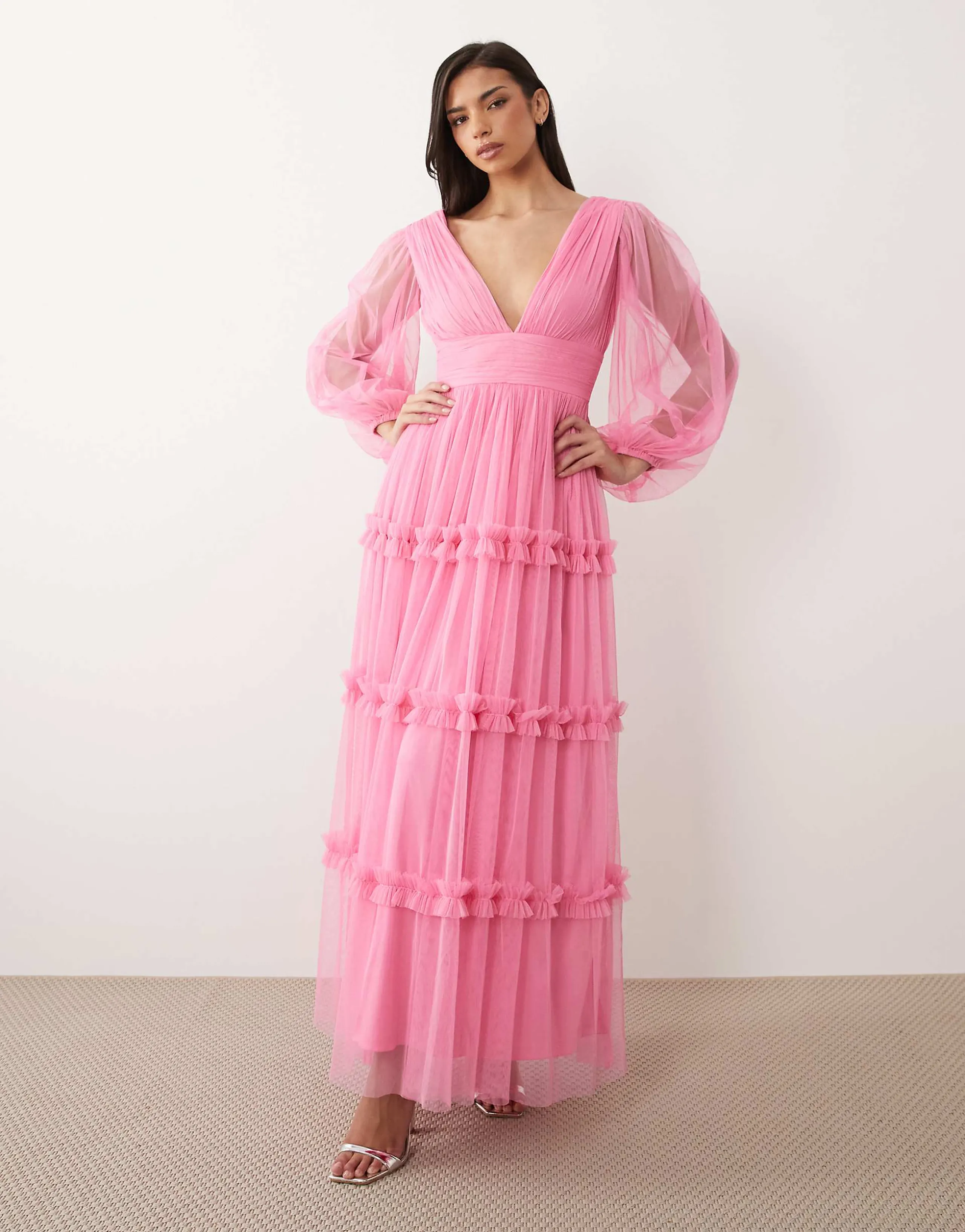 Lace & Beads plunge neck ruffle trim tiered tulle maxi dress in pink