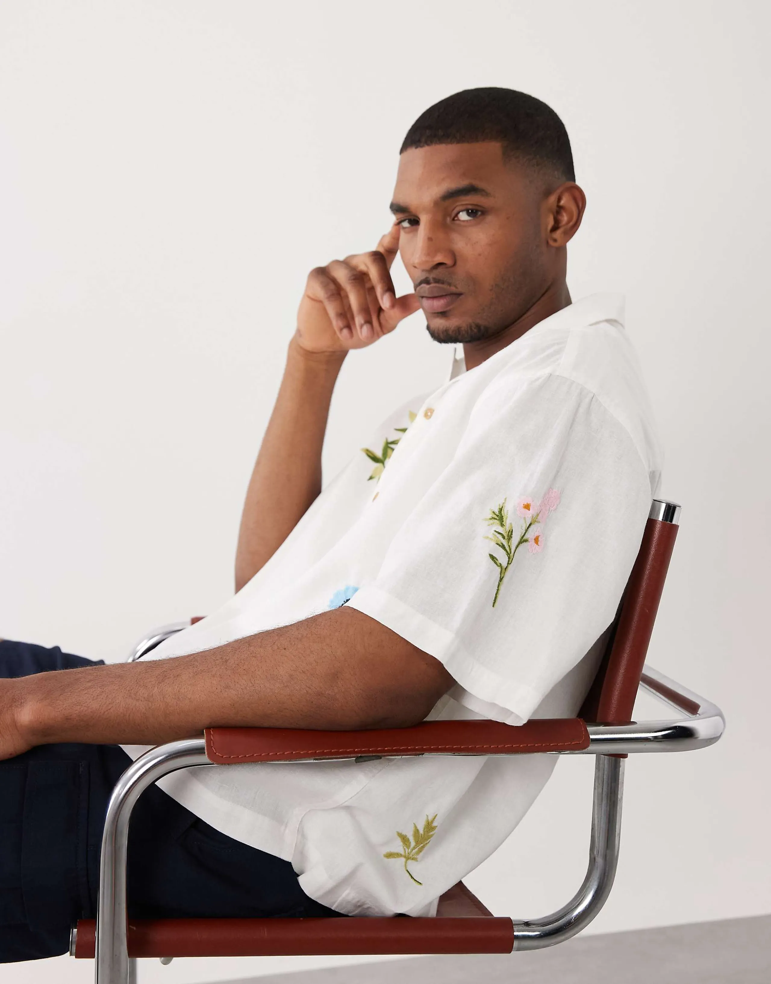 ASOS DESIGN boxy oversized shirt with linen with floral embroidery in white