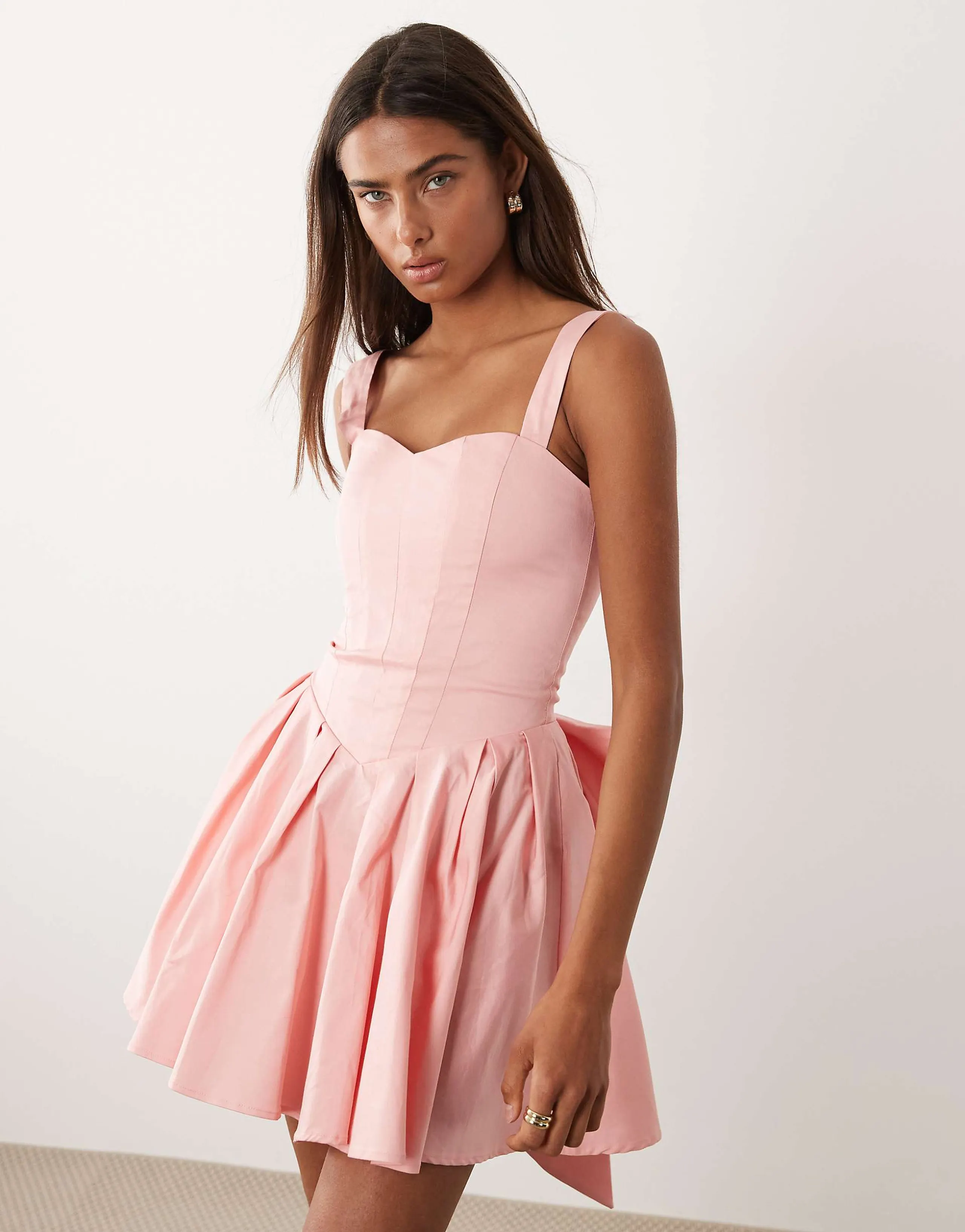 TFNC corset pleated mini dress with bow back in pink