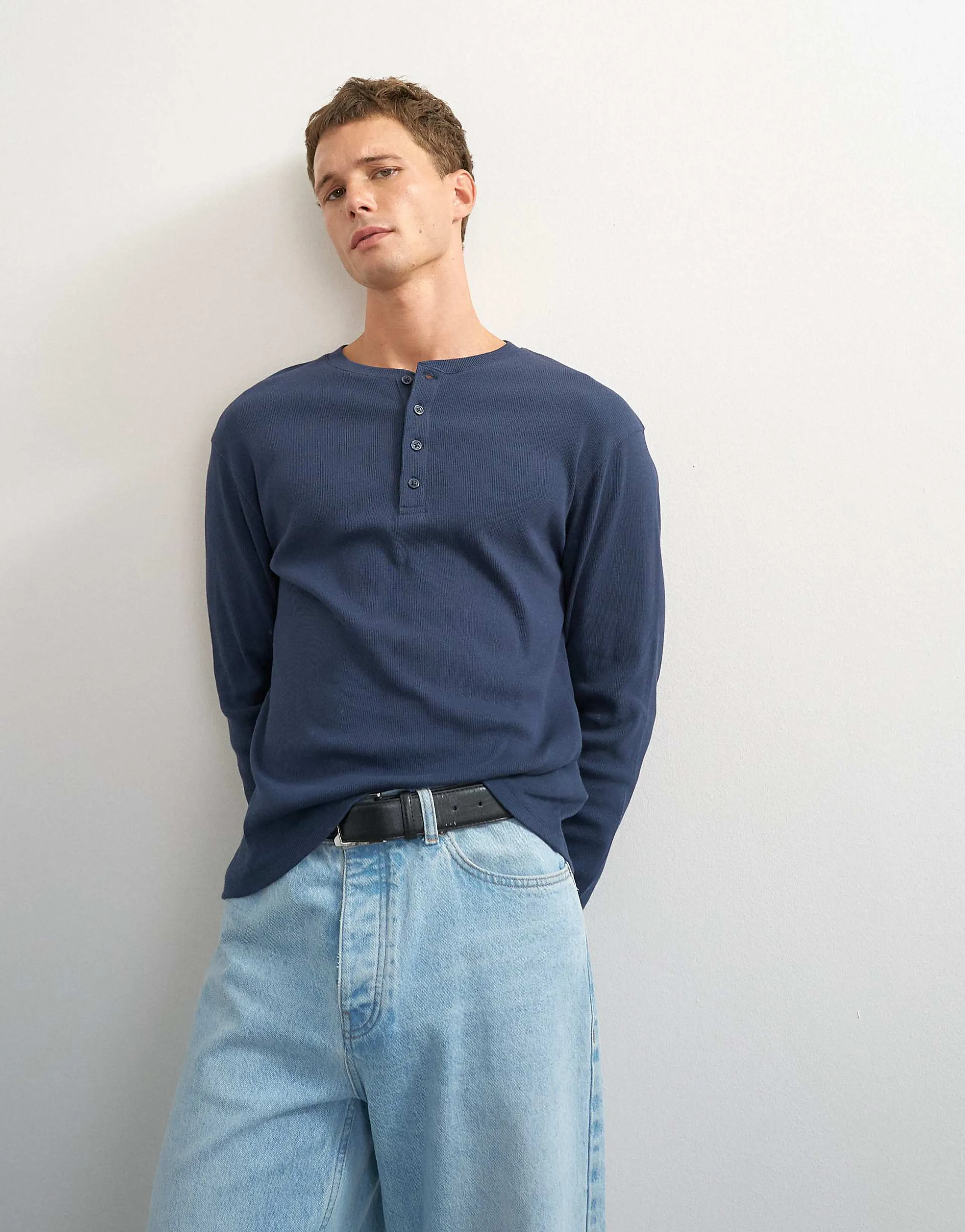 Topman slim fit long sleeve rib knit henley t-shirt in navy