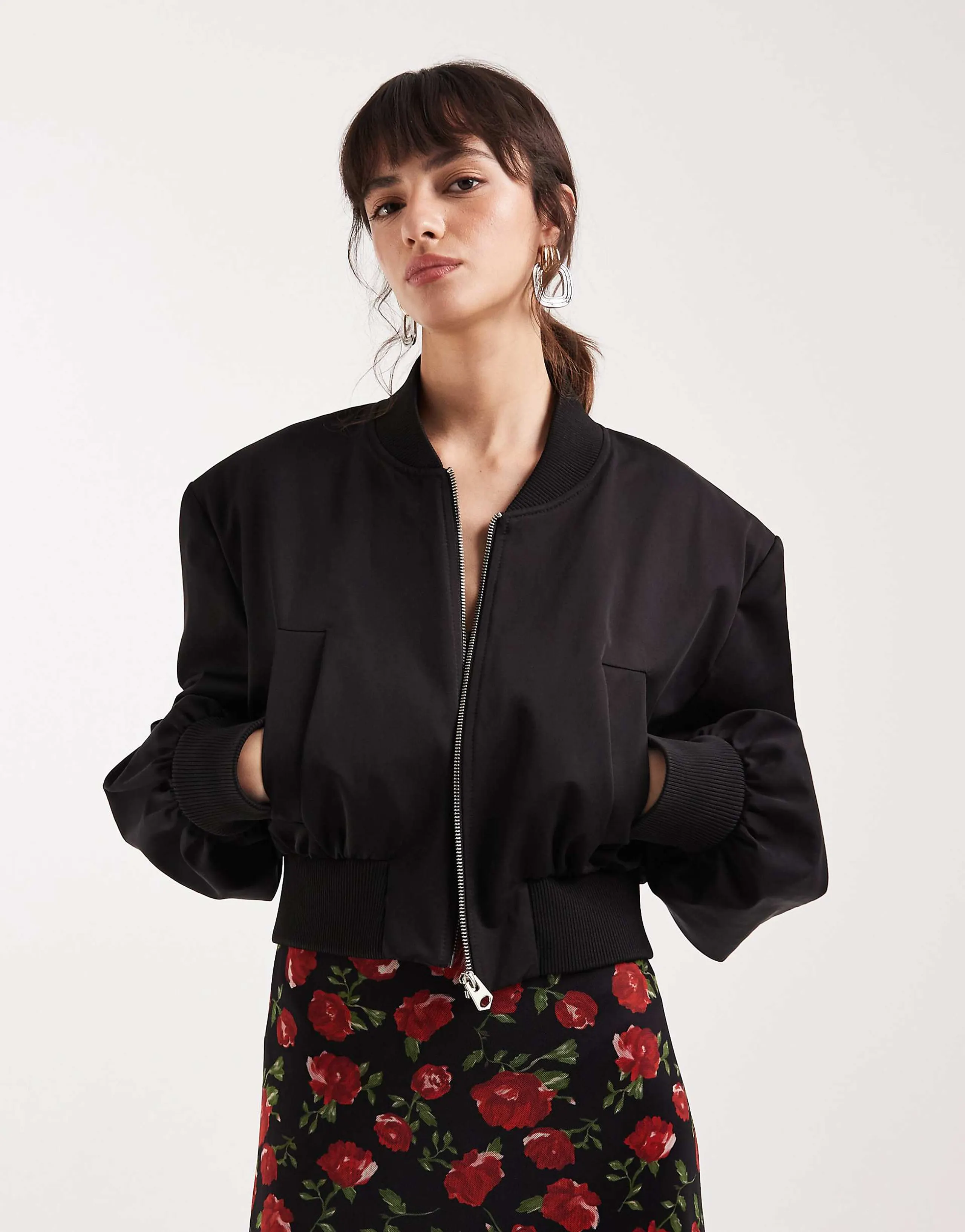 ASOS DESIGN cropped shoulder pad bomber jacket in black