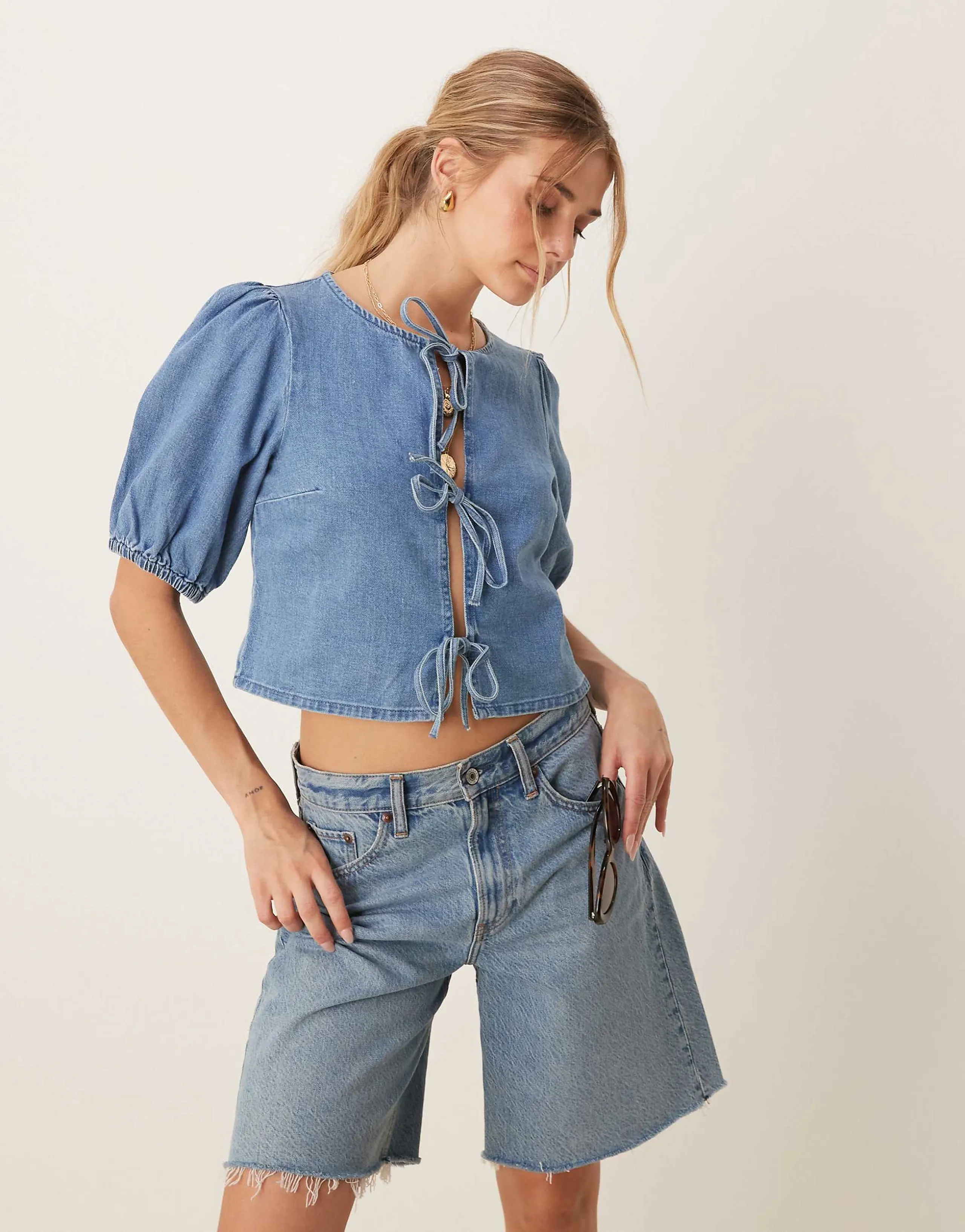 ASOS DESIGN soft denim top with tie front detail in mid-wash blue
