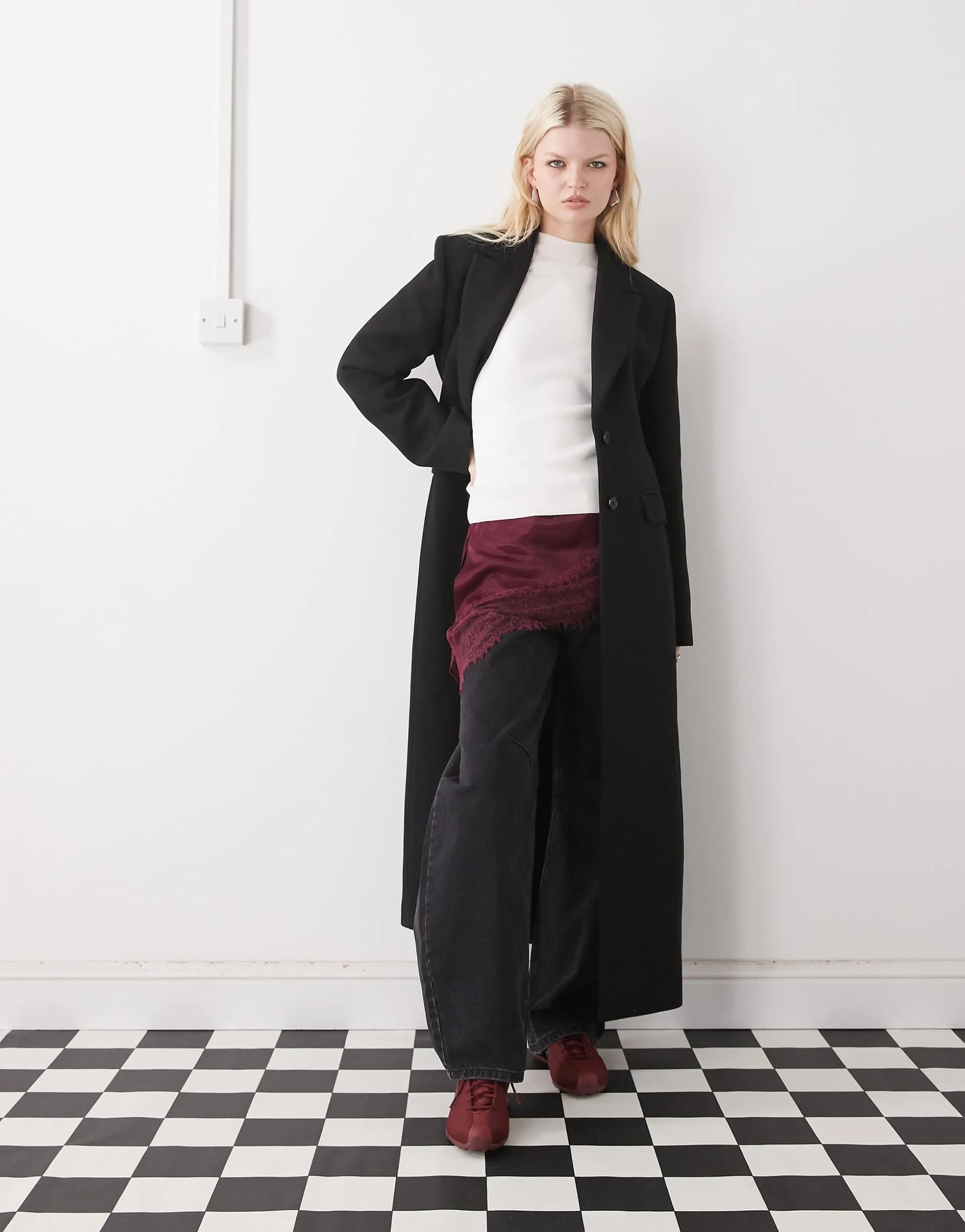 Monki maxi length coat with wool in black